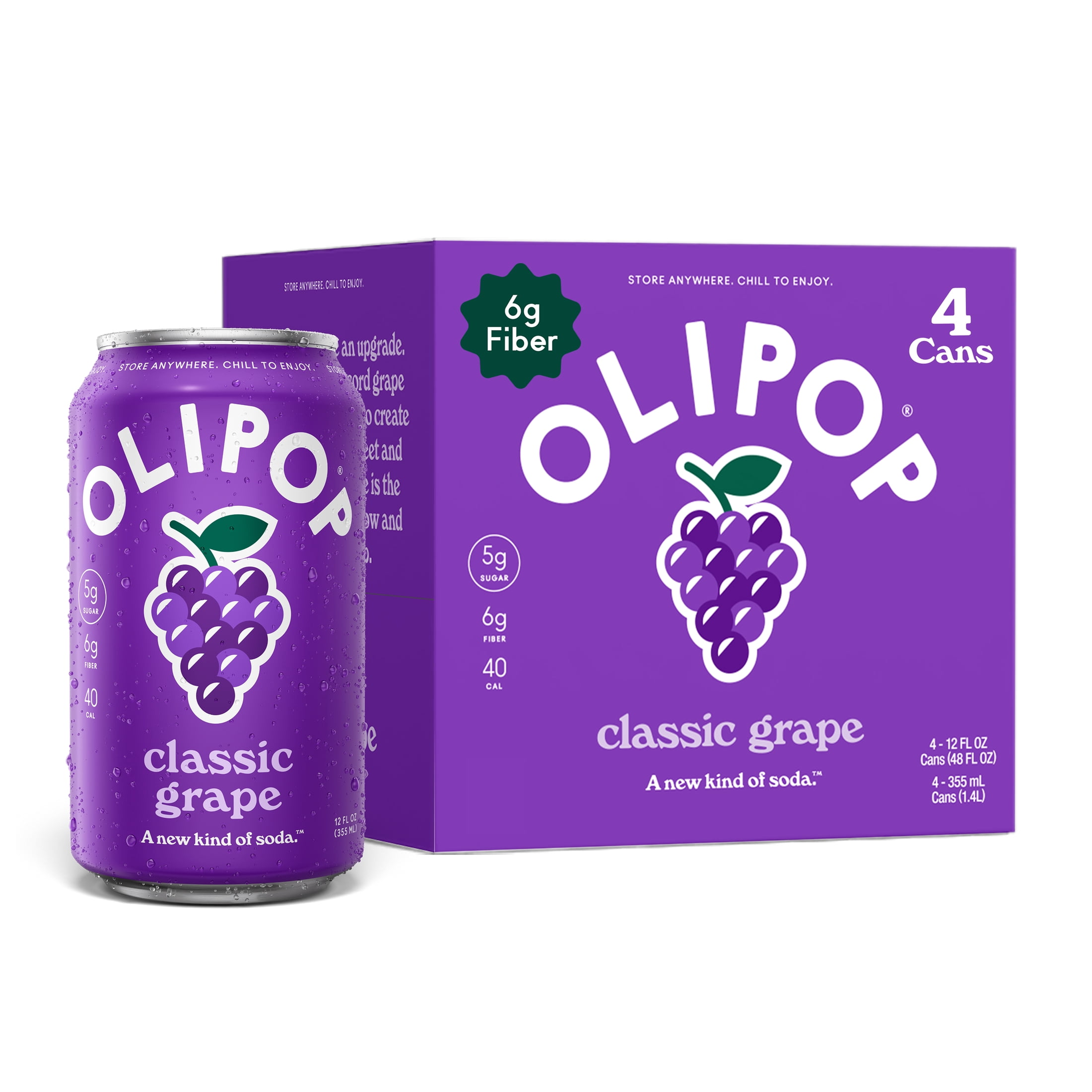 OLIPOP 6g Fiber Prebiotic Soda, Classic Grape, 12 fl oz, 4 Pack, Shelf Stable