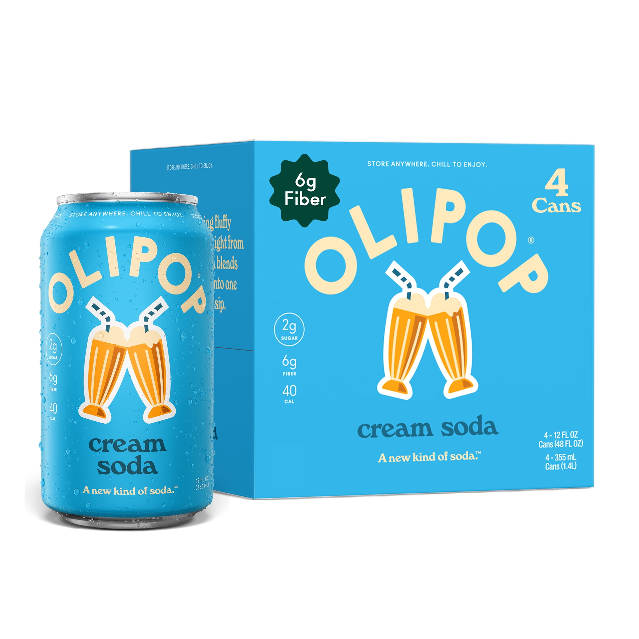 OLIPOP 6g Fiber Prebiotic Soda, Cream Soda, 12 fl oz, 4 Pack, Shelf Stable