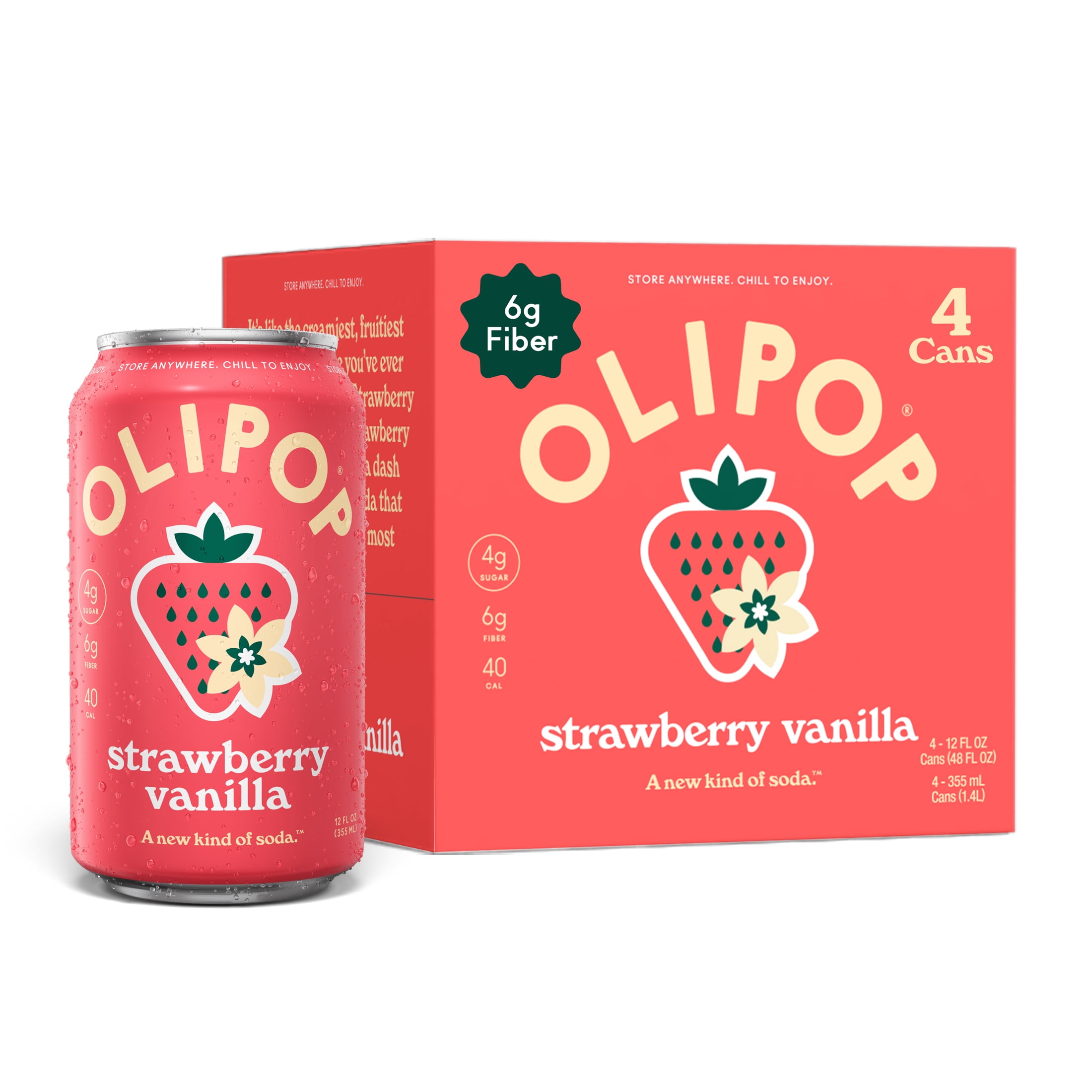 OLIPOP 6g Fiber Prebiotic Soda, Strawberry Vanilla, 12 fl oz, 4 Pack, Shelf Stable