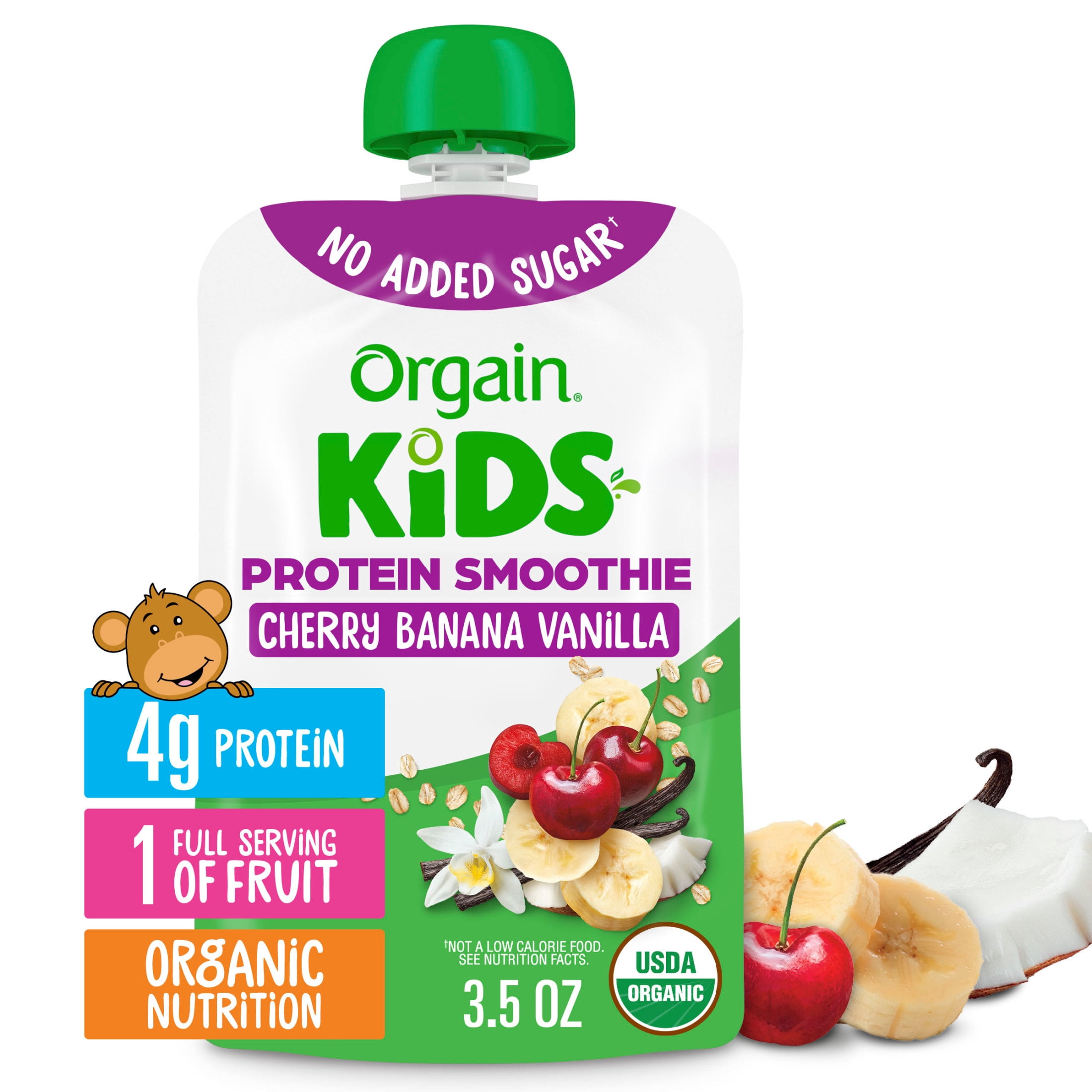 Orgain Kids Protein Smoothie Pouches, Non Dairy Cherry Banana Vanilla Organic Smoothie Pouch, No Added Sugar 3.5 oz