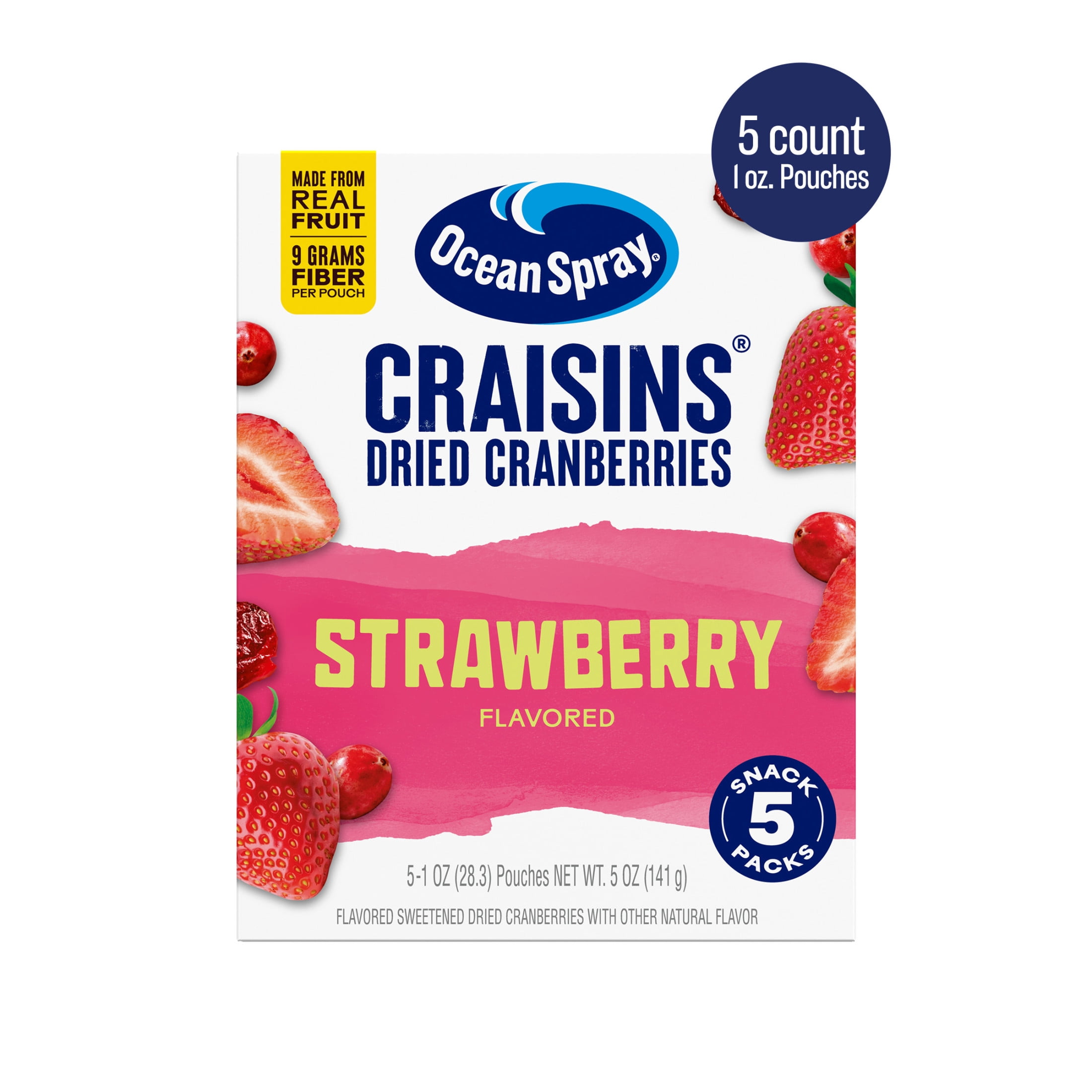 Ocean Spray Strawberry Flavored Craisins Dried Cranberries, 5Count SingleServe 1 oz Snack Packs