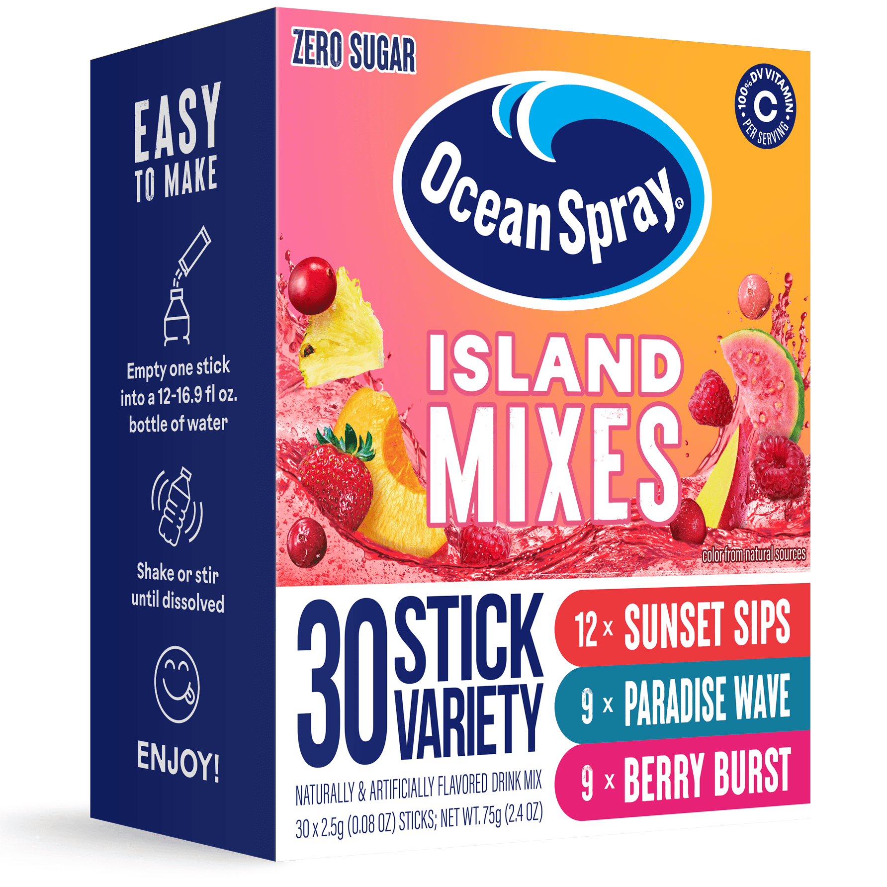 Ocean Spray Zero Sugar Powdered Drink Mix, Island Mix Variety pack, 30 Sticks
