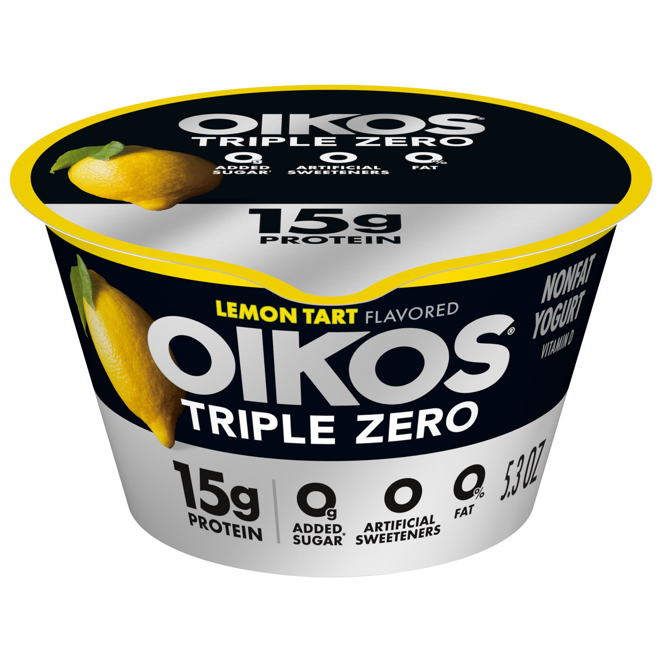 Oikos Triple Zero 15g Protein Lemon Tart Greek Yogurt, 90 Calories, 0g Added Sugar and 0 Artificial Sweeteners, Nonfat Yogurt Pack, Great for Office Snacks, 5.3 oz Cup