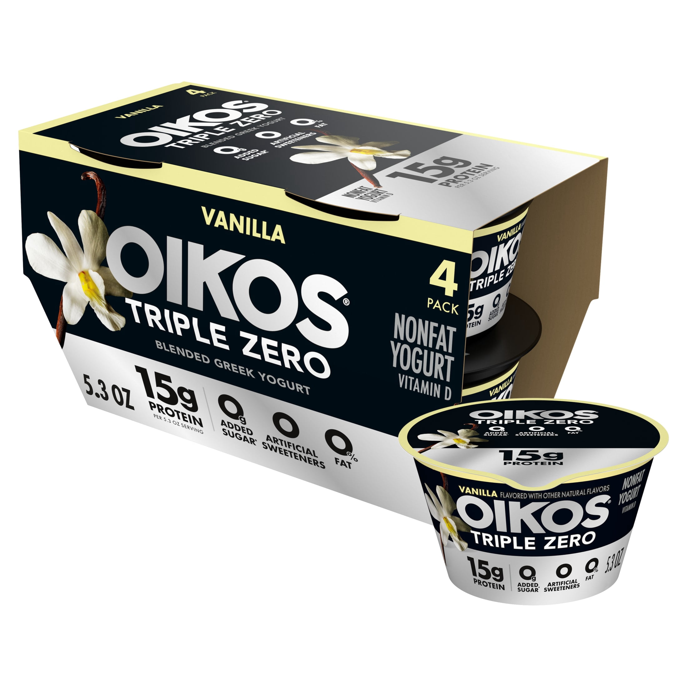 Oikos Triple Zero 15g ProteinVanilla Greek Yogurt, 90 Calories, 0g Added Sugar and 0 Artificial Sweeteners,NonfatYogurt Pack, Great forOffice Snacks,5.3 ozCups, 4 Count
