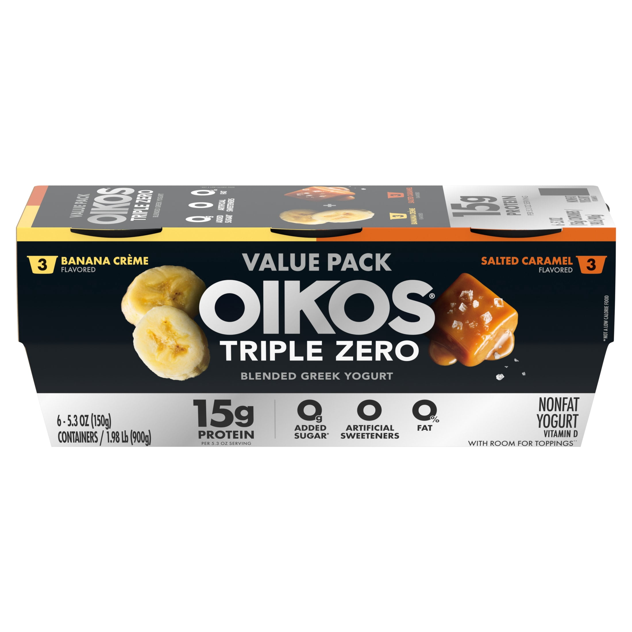 Oikos Triple Zero 15g ProteinBanana Creme and Salted Caramel Greek Yogurt, 90 Calories, 0g Added Sugar and 0 Artificial Sweeteners,NonfatYogurt Pack, Great forOffice Snacks,5.3 ozCups, 6 Count