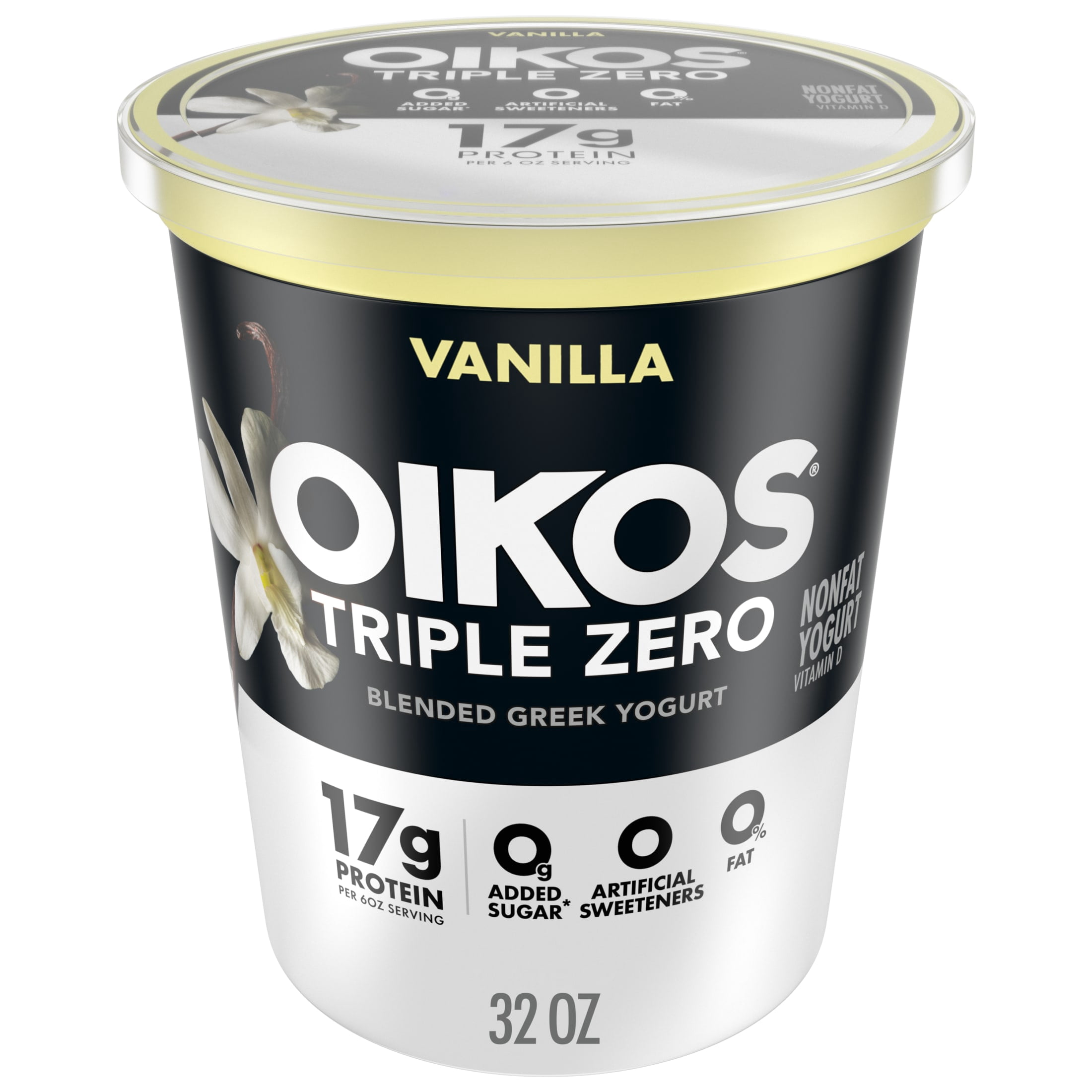 Oikos Triple Zero 17g Protein Vanilla Greek Yogurt, 100 Calories, 0g Added Sugar and 0 Artificial Sweeteners, Nonfat Yogurt, Great High Protein Snack, 32 oz Tub