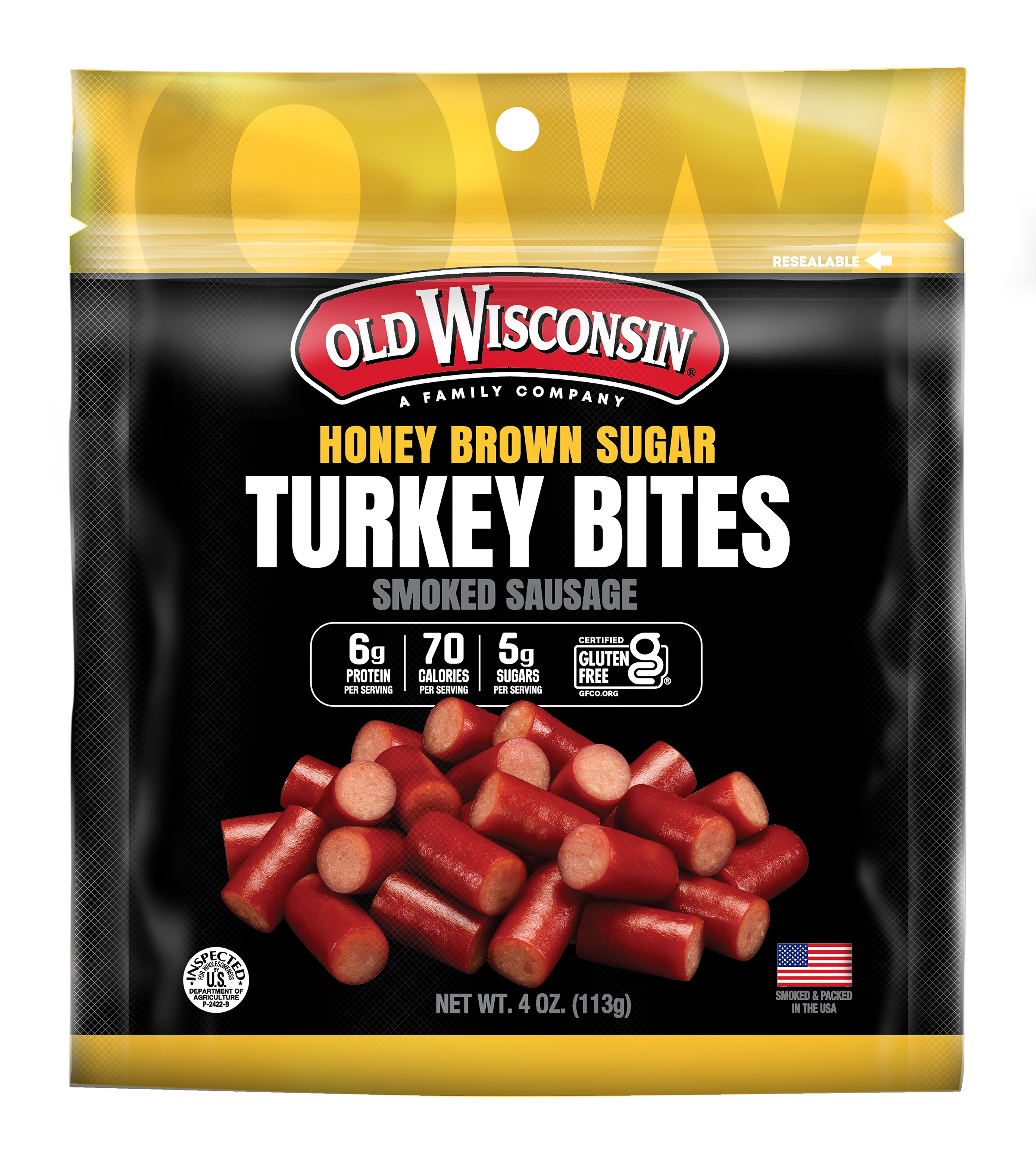 Old Wisconsin Gluten Free Honey Turkey Sausage Snack Bites, 4oz, Resealable Bag