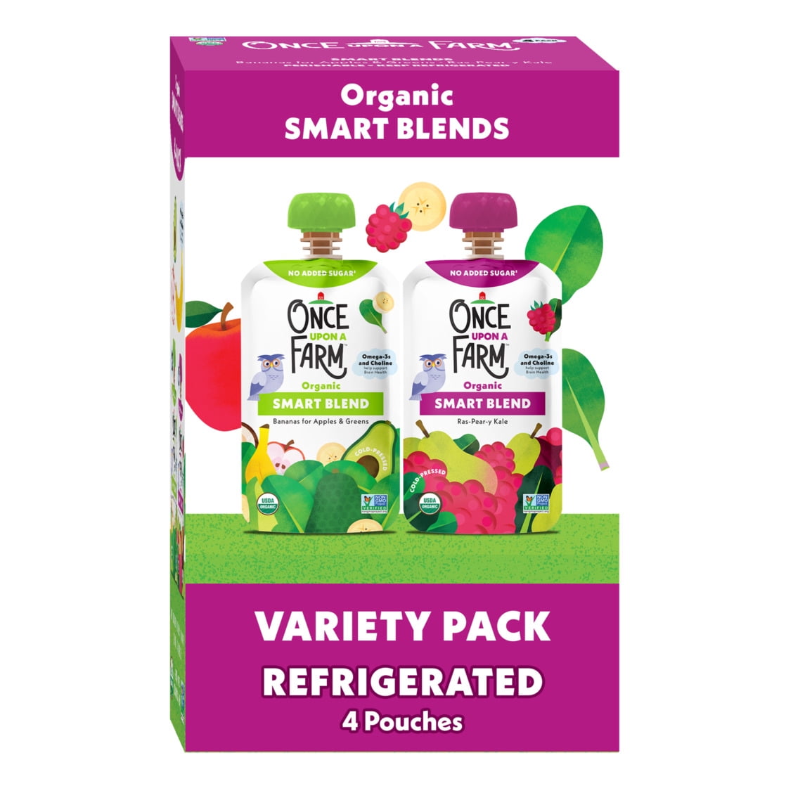 Once Upon a Farm Organic Refrigerated Baby Food Smart Blend Bananas for Apples & Greens and Ras-Pear-Y Kale Variety Pack, 3.2oz Pouch (4 Pack)