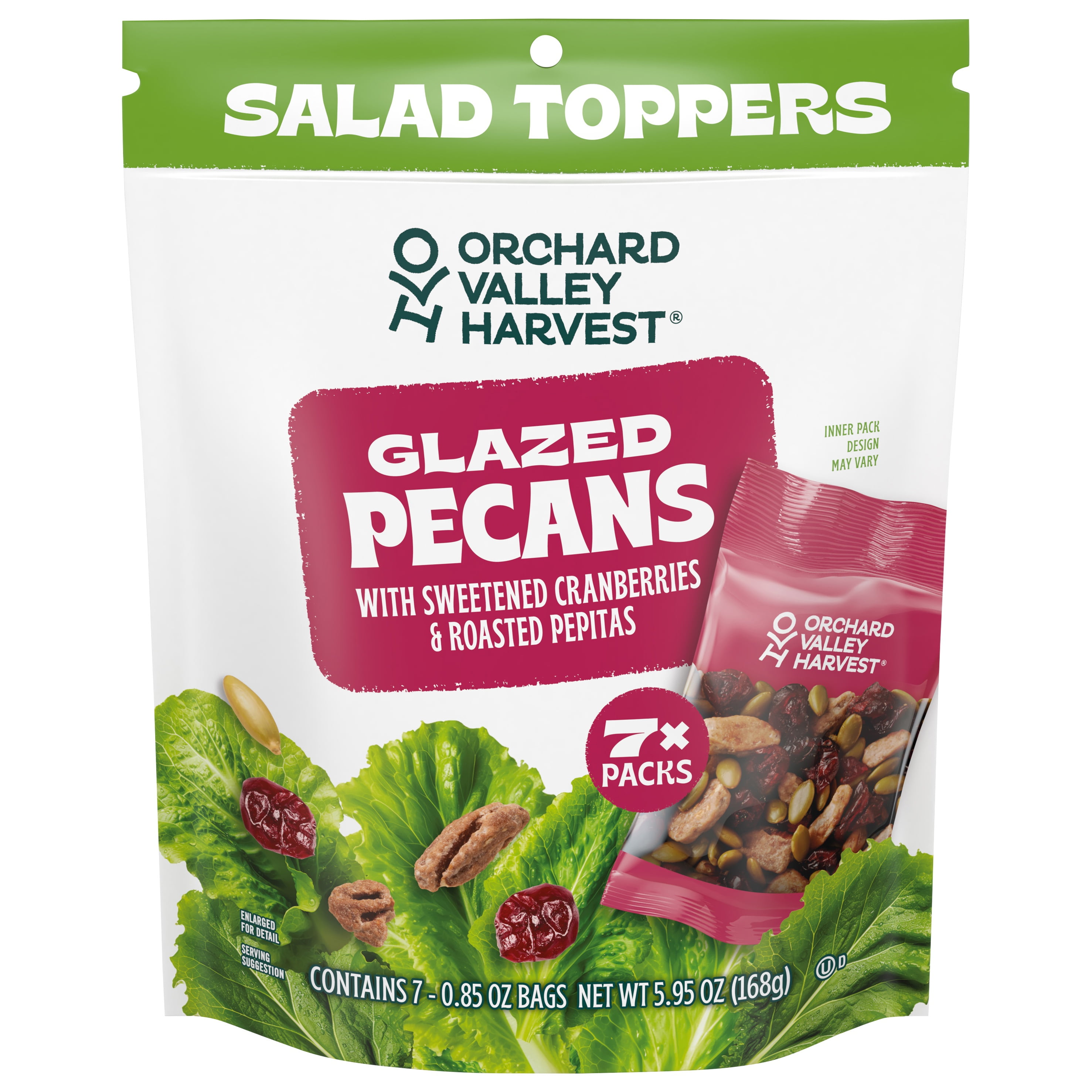 Orchard Valley Harvest Salad Toppers, Gluten Free, Glazed Pecans with Sweetened Cranberries & Roasted Pepitas, 0.85 oz, 7 Bags