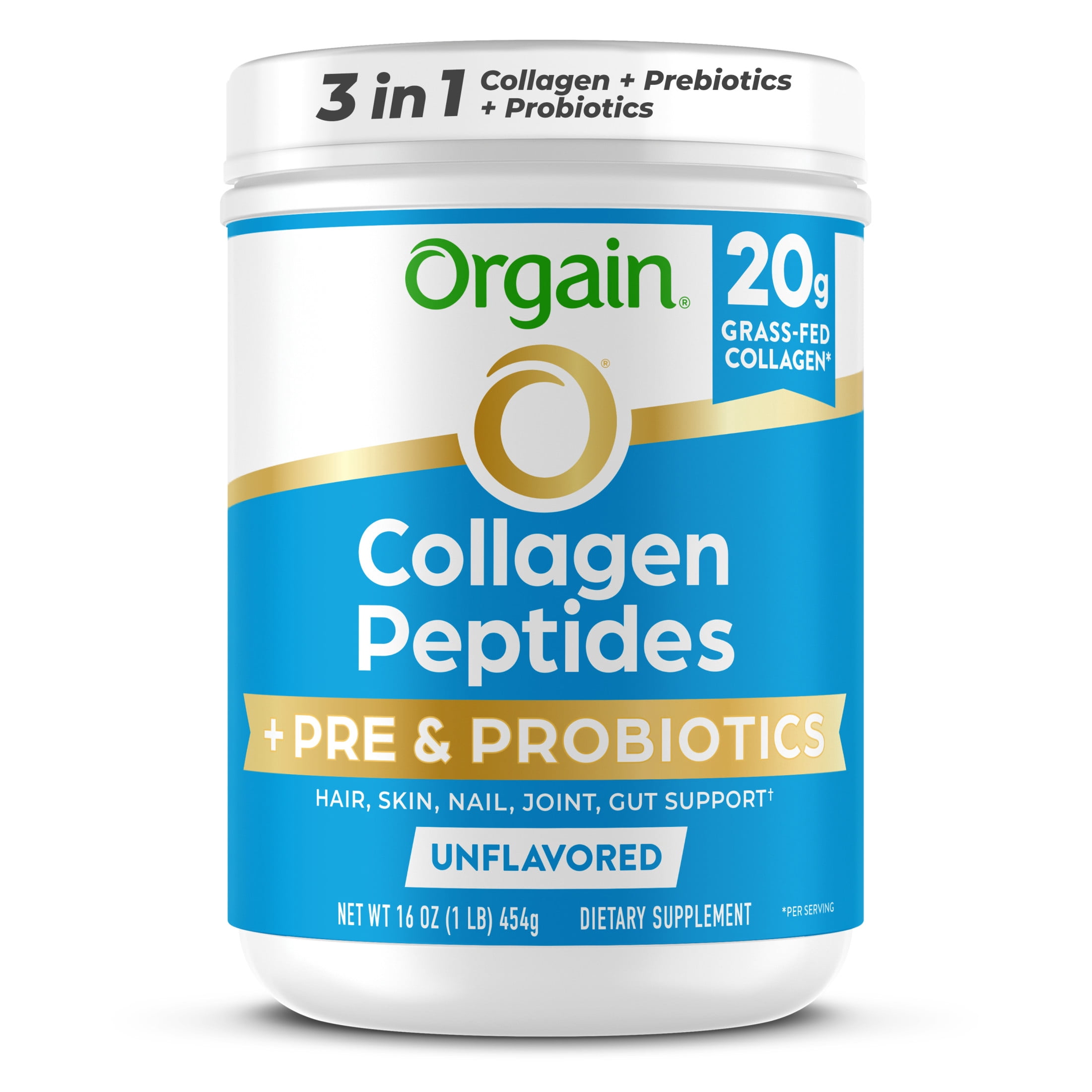 Orgain Grass-Fed & Pasture Raised Collagen Peptides + Prebiotic & 1 Billion CFU Probiotics, Unflavored, 1lb