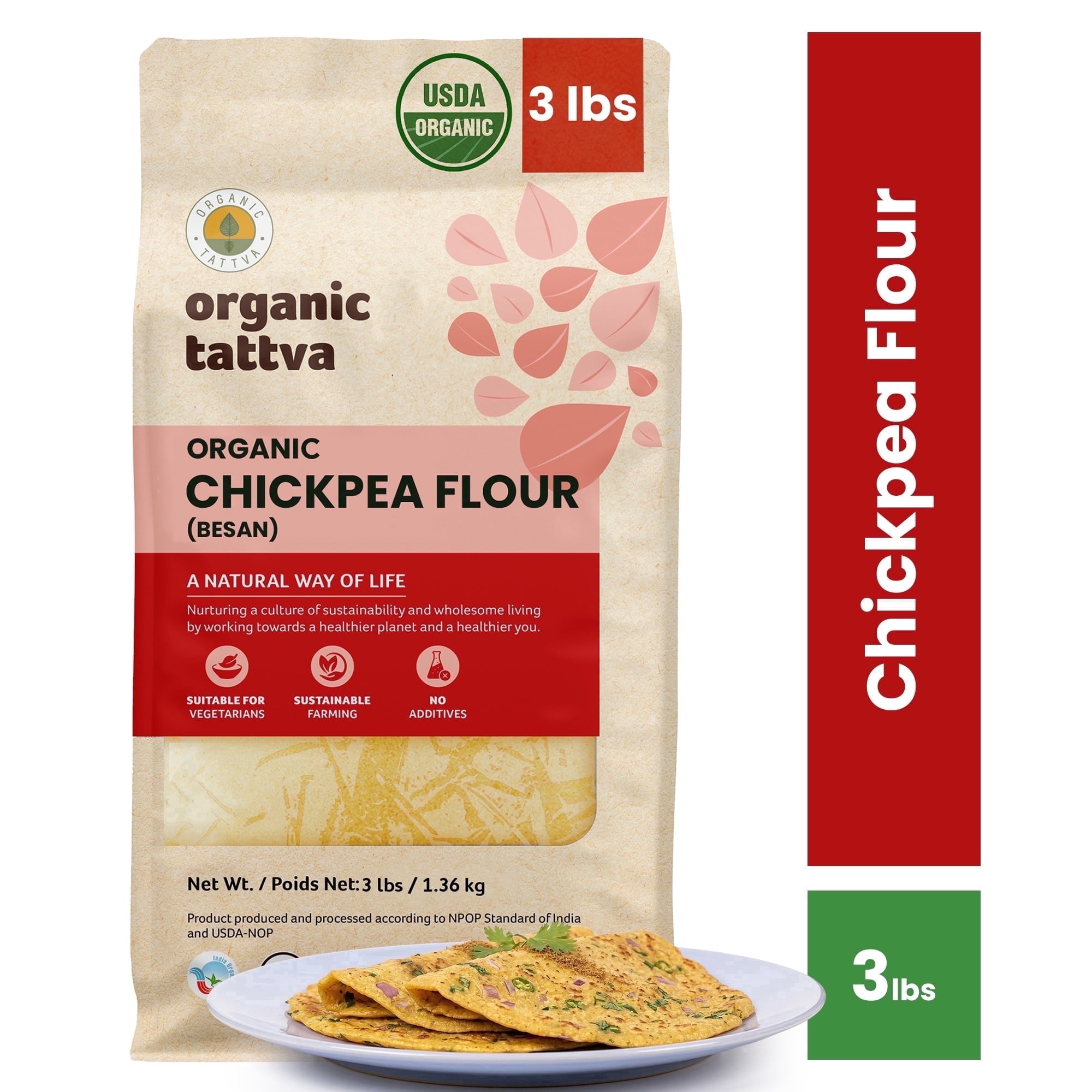 Organic Tattva Indian Chickpea Flour 3LB, Besan Flour, Vegan, Kosher, No Additives, USDA Certified