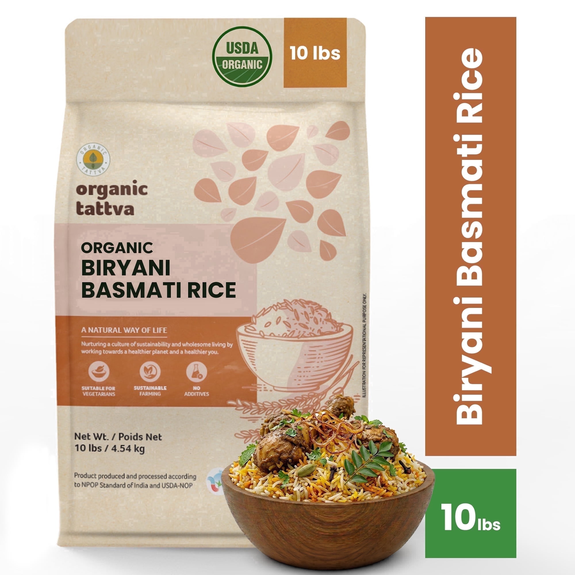 Organic Tattva Biryani Long Grain Basmati Rice 10LB, Biryani White Rice, Vegan, Non GMO, No Additives, USDA Certified