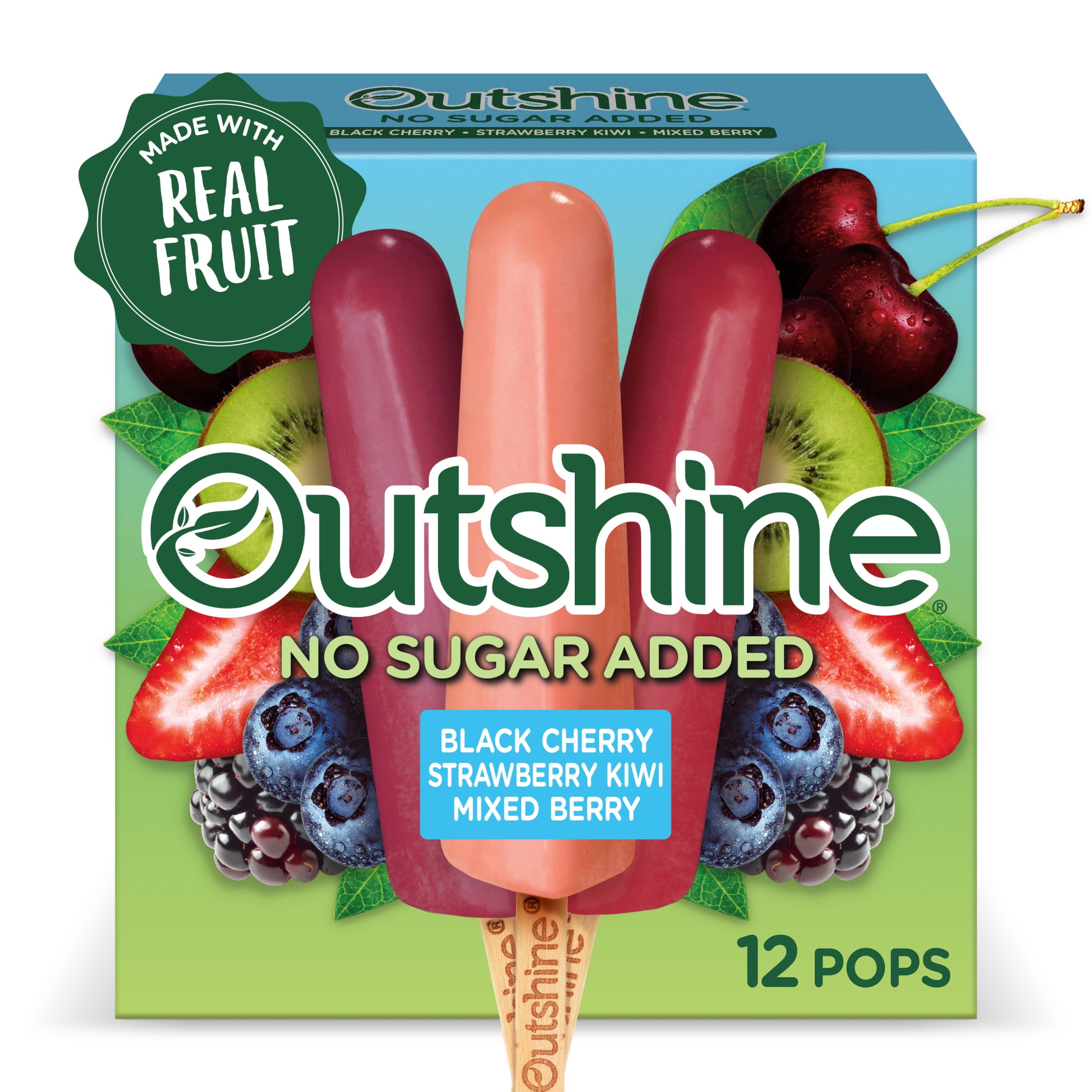 Outshine No Sugar Added Black Cherry, Strawberry Kiwi, and Mixed Berry Frozen Mini Fruit Pops, Variety Pack, 12 Count