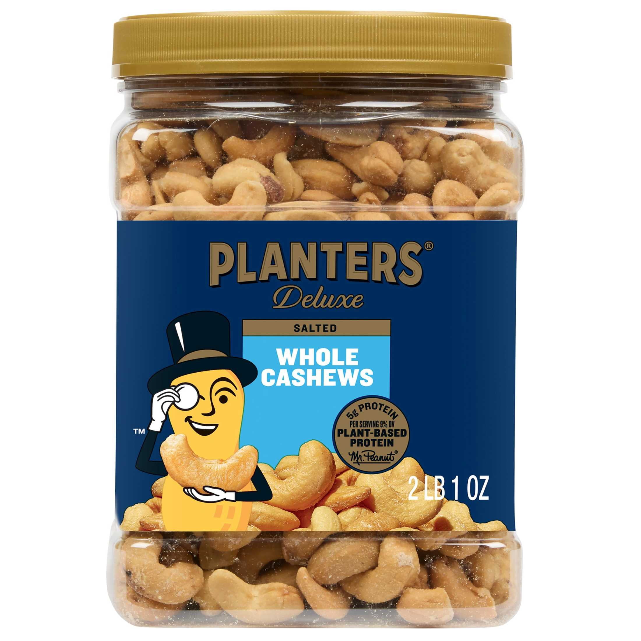 PLANTERS Deluxe Salted Whole Cashews, Party Snacks, Plant-Based Protein, 33 oz Plastic Jar