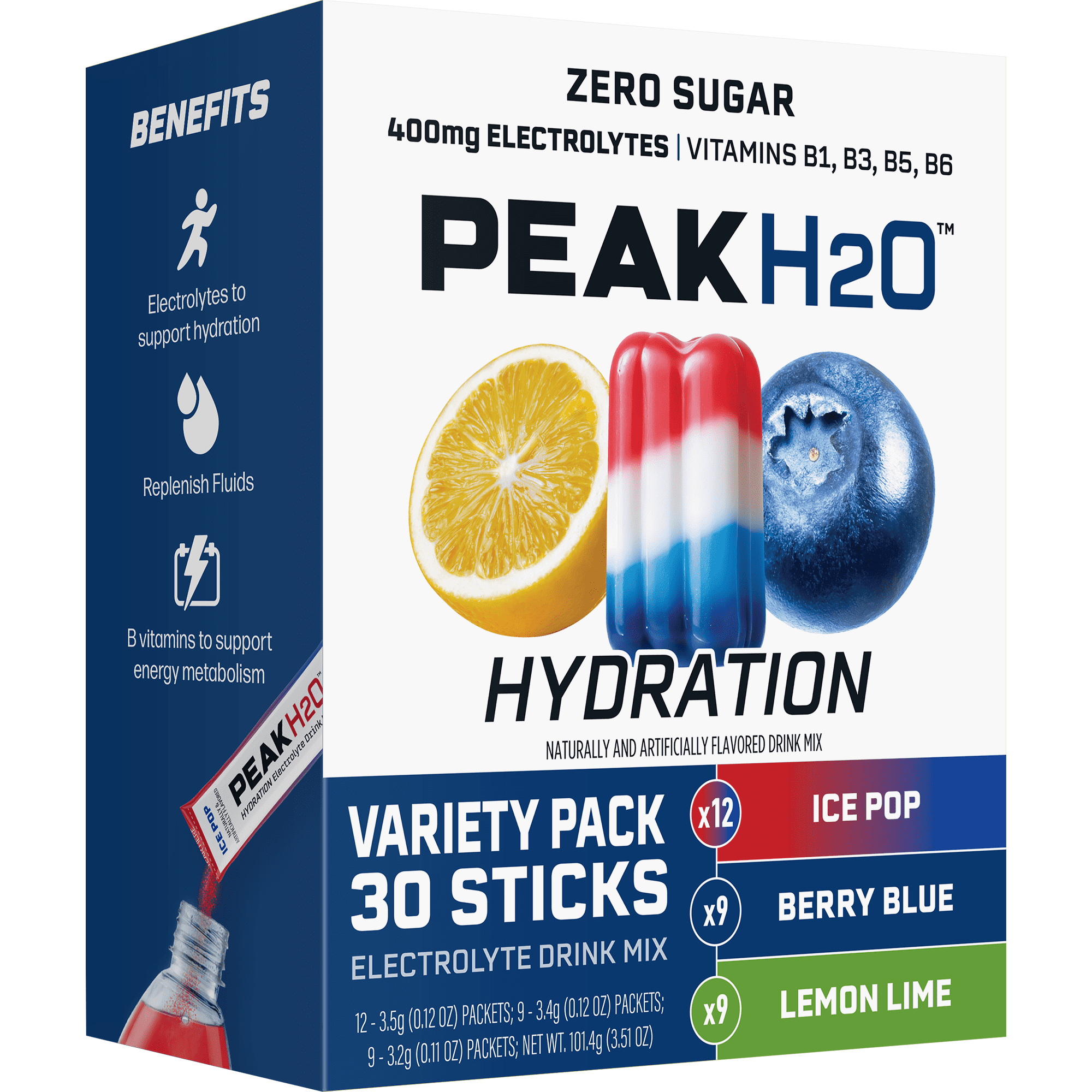 Peak H2O Hydration Electrolyte Drink Mix Variety Pack, Sugar-Free, 30 Count