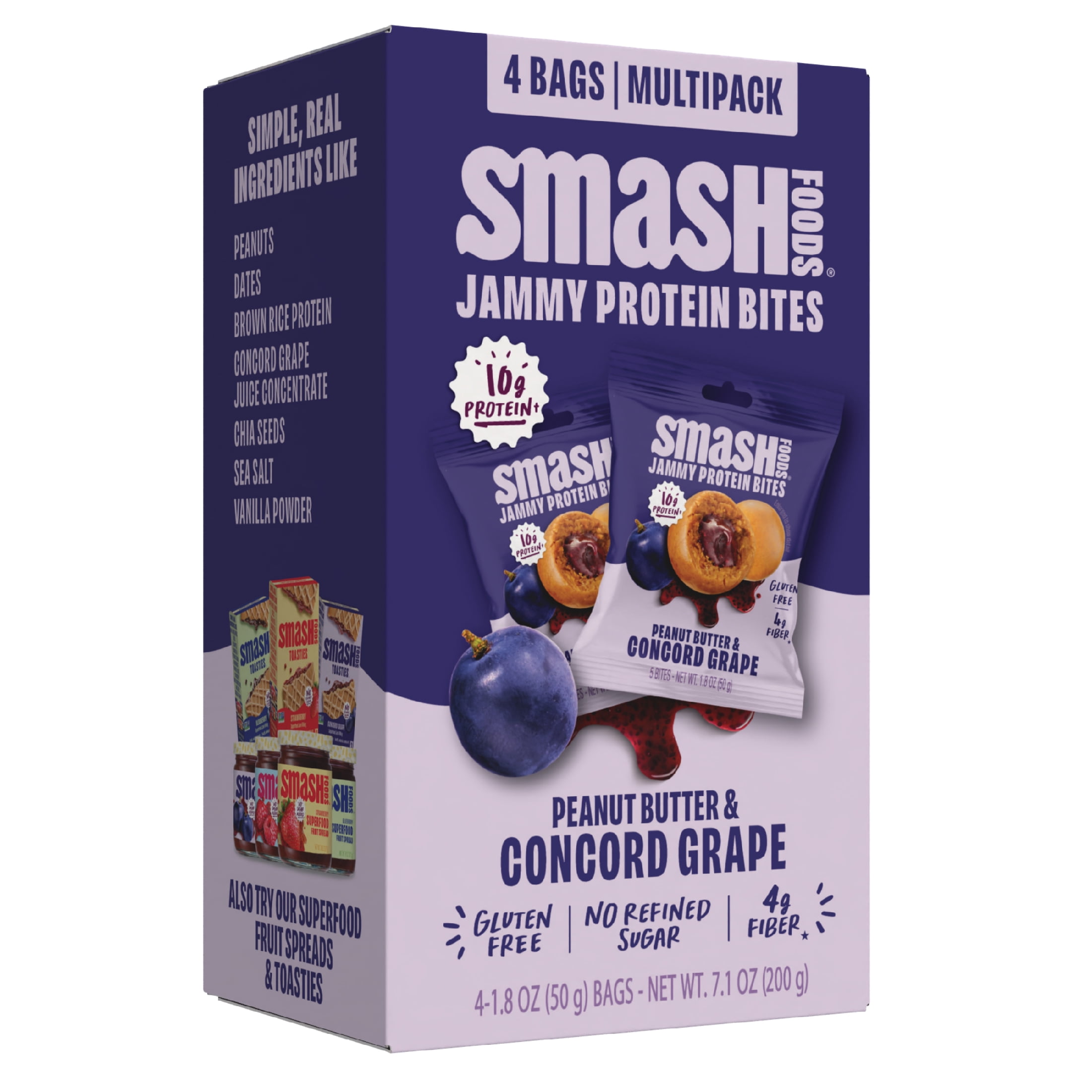 Smash Foods Peanut Butter & Concord Grape Jammy Protein Bites, 10g Protein, Gluten-Free, 4 Count