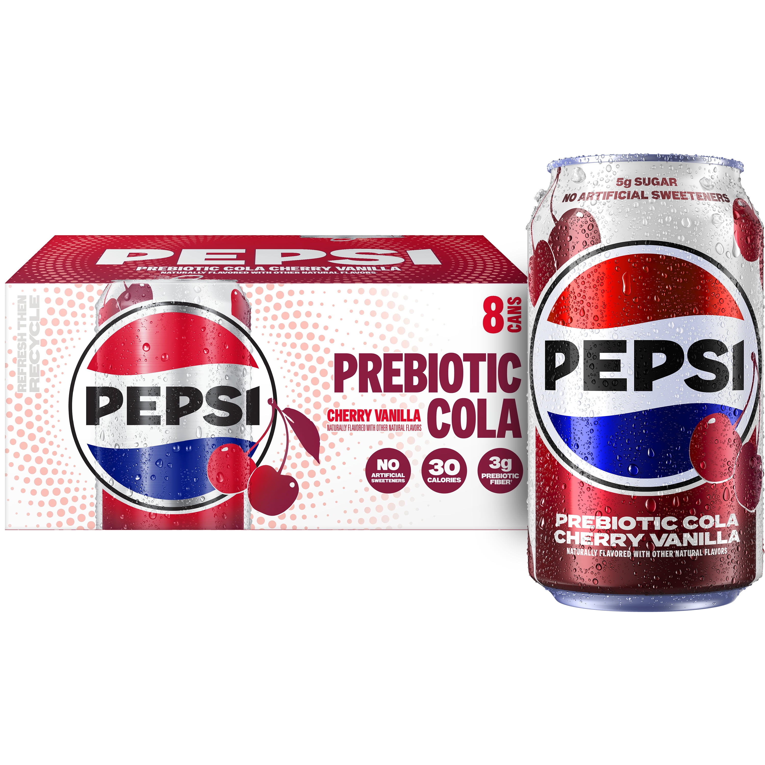 Pepsi Prebiotic Cola Soda Pop, Cherry Vanilla, 12 fl oz, 8 pack cans
