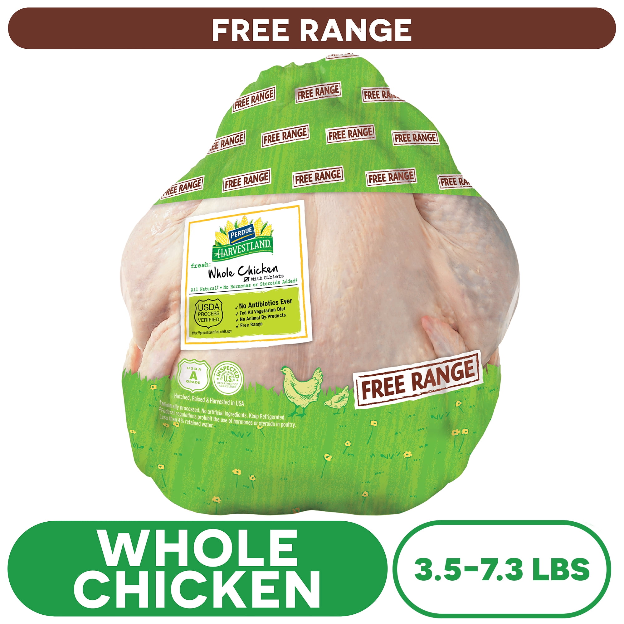 Perdue Harvestland, Free Range, Fresh Whole Chicken with Giblets, 3.5-7.3 lbs.