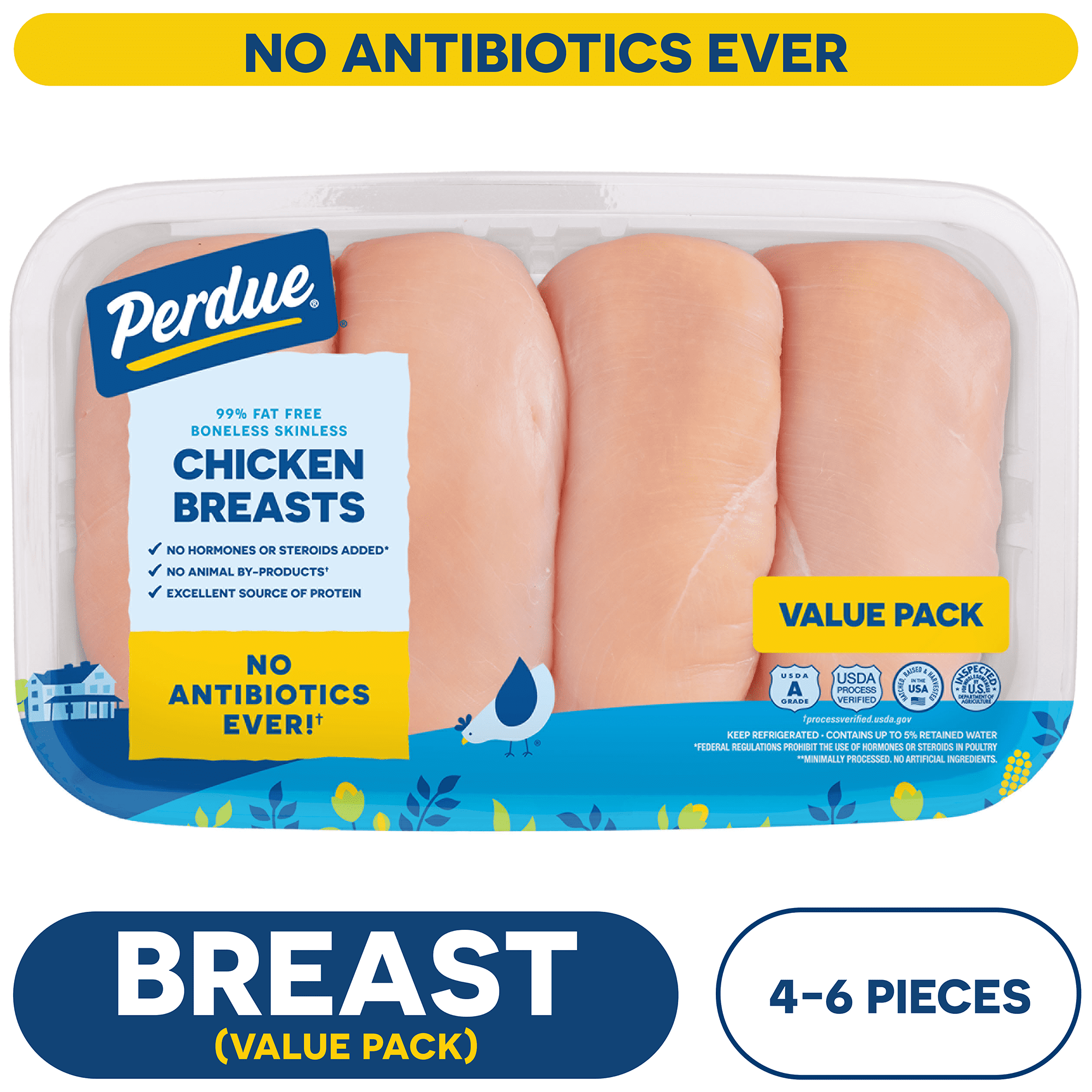 Perdue, No Antibiotics Ever, Fresh Boneless Skinless Chicken Breast Value pack, 1.70-4.40 lb. Tray