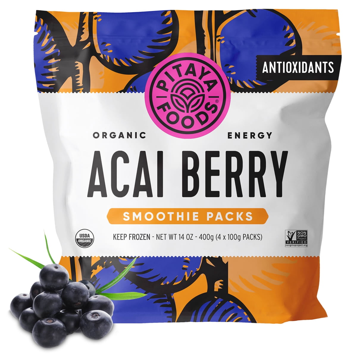 Pitaya Foods Acai Berry packs with Guarana, Organic Frozen Fruit for Smoothies and Bowls, 14 oz