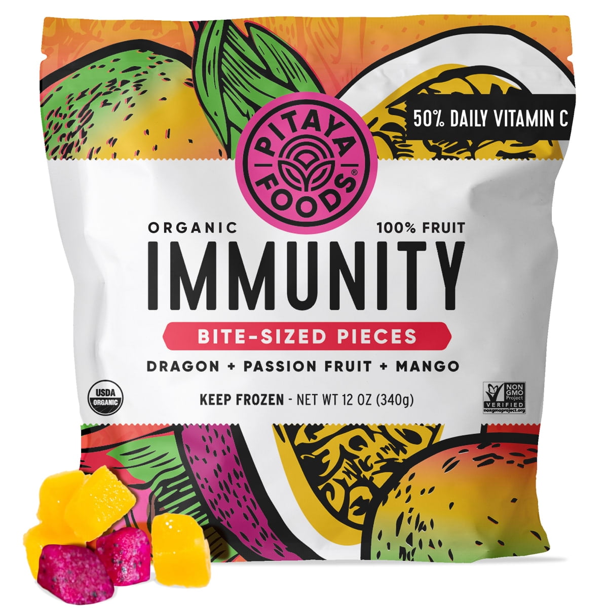 Pitaya FoodsBite-Sized Immunity Frozen FruitBlend, Dragon & Passion Fruit, and Mango, 12 oz