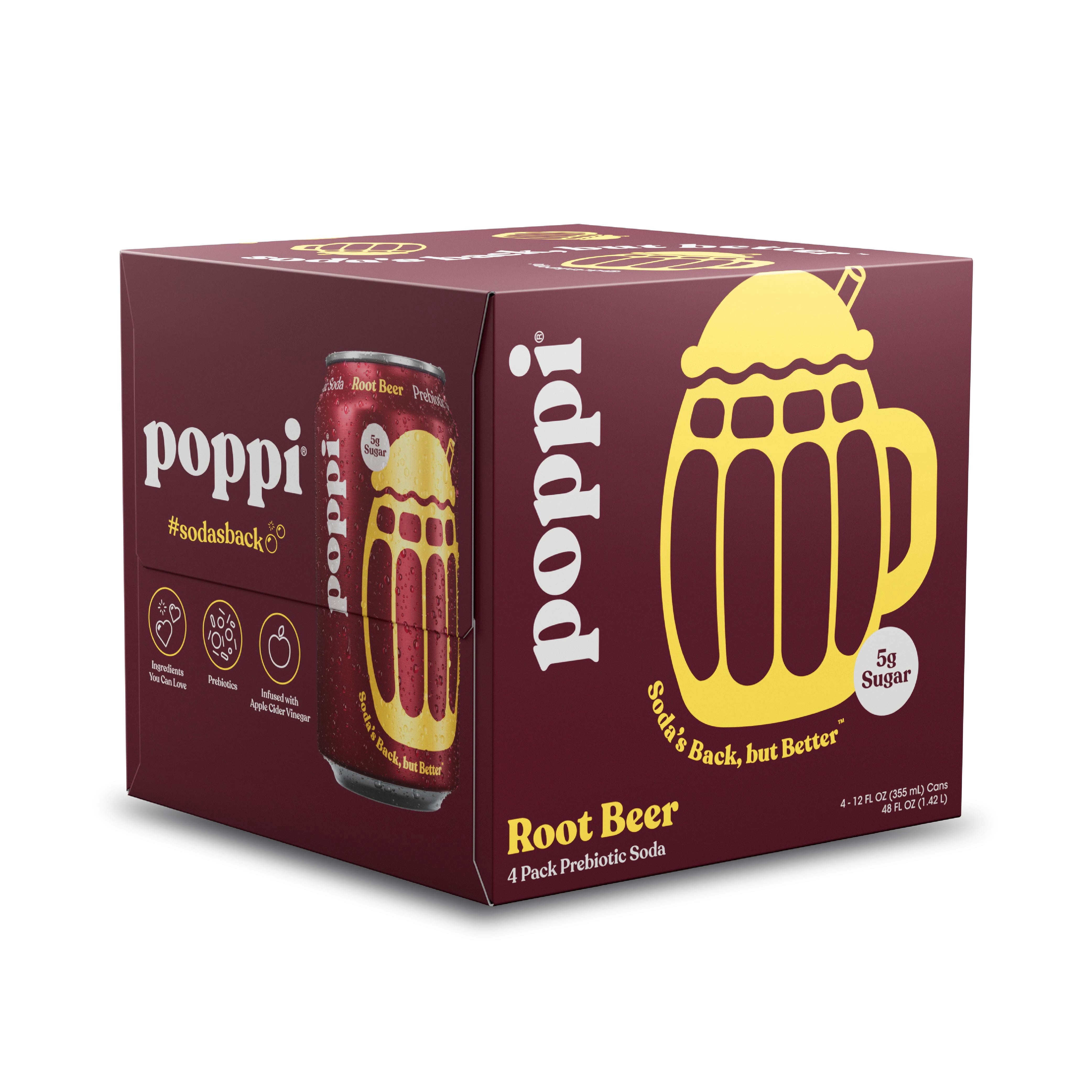 poppi Root Beer Prebiotic Soda , 12 fl oz, 4 Pack Cans