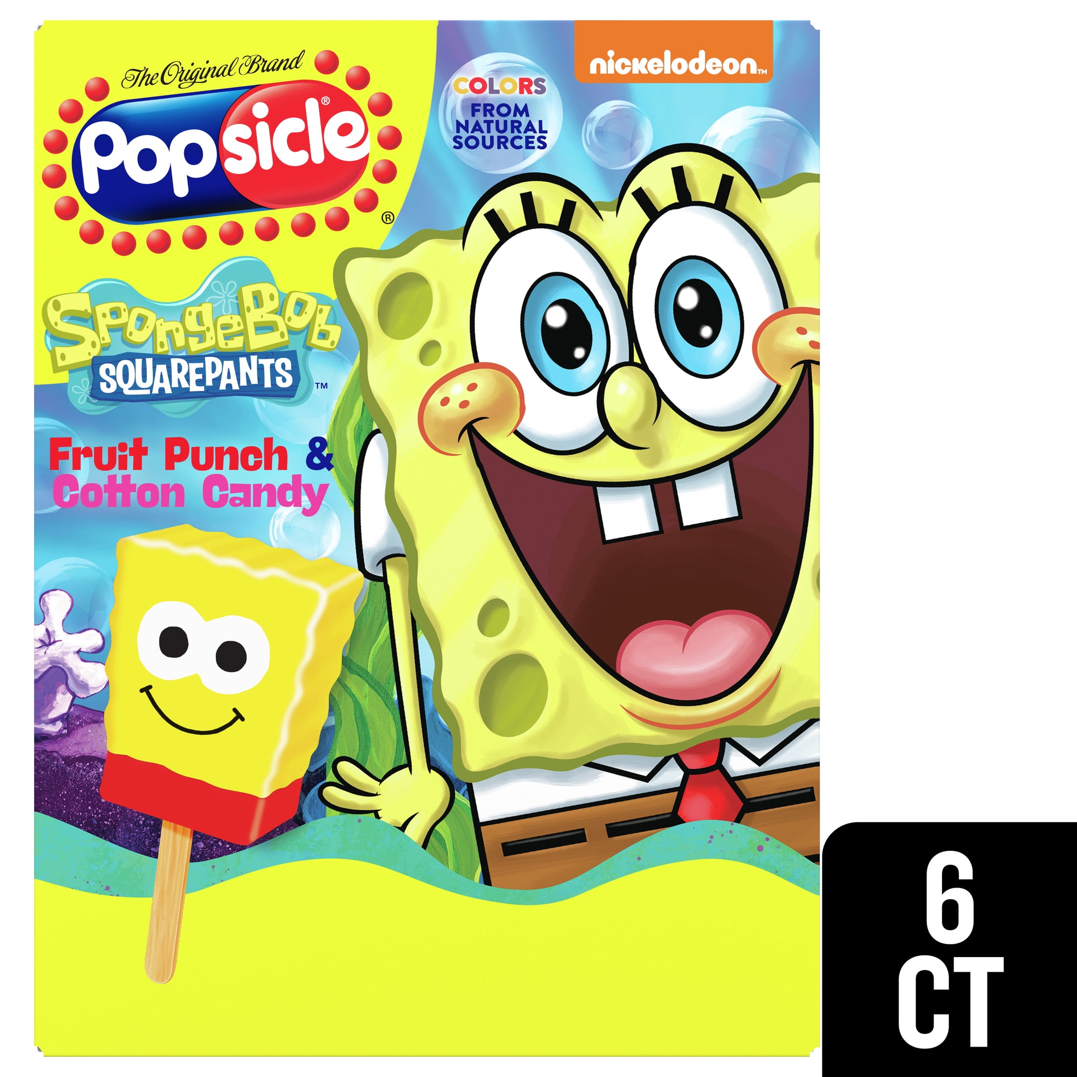 Popsicle SpongeBob SquarePants Fruit Punch and Cotton Candy Colors from Natural Sources Frozen Dessert Bars, 6 Count