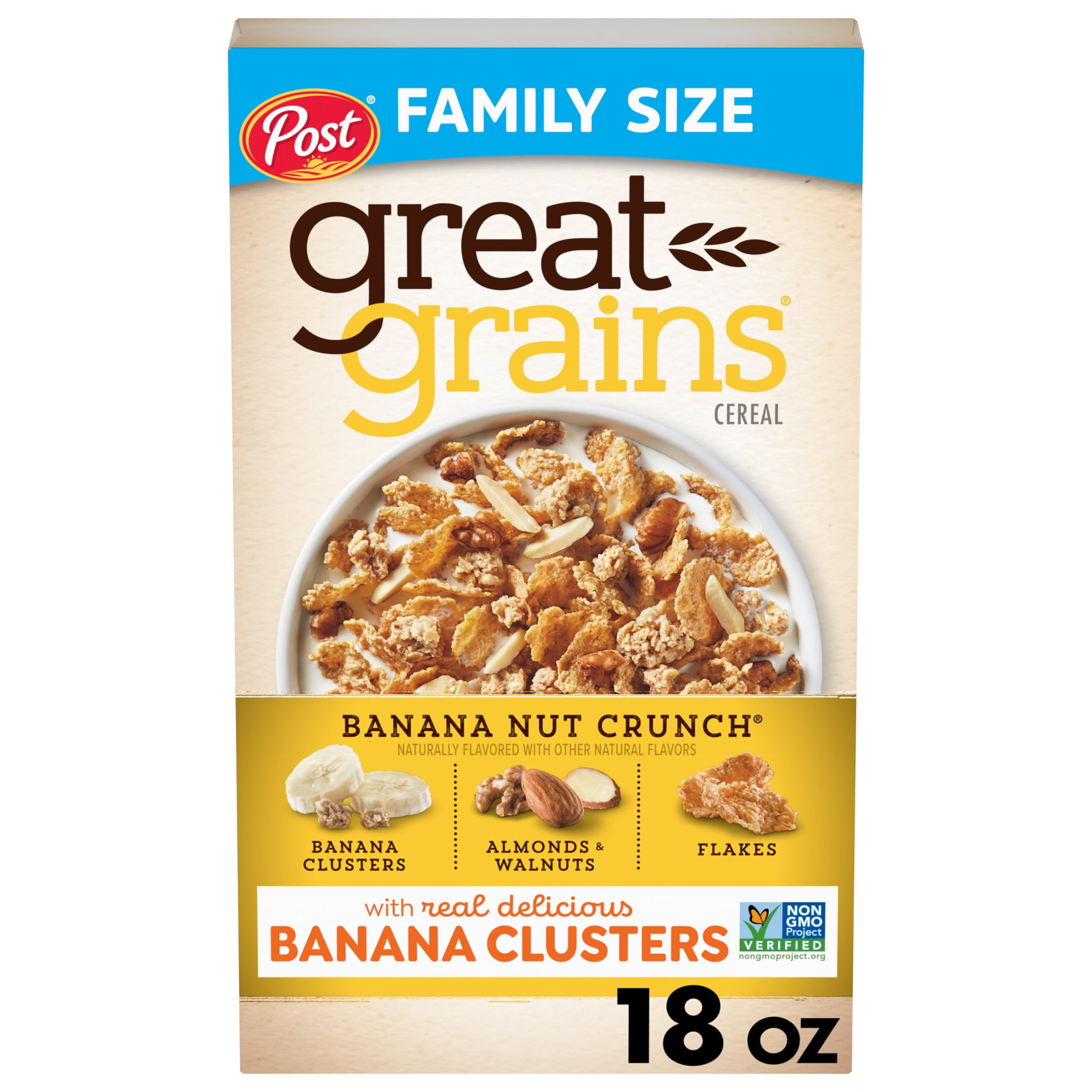 Post Great Grains Banana Nut Crunch, Non-GMO, Heart Healthy,Whole Grain Cereal, Crunchy 18 oz Box