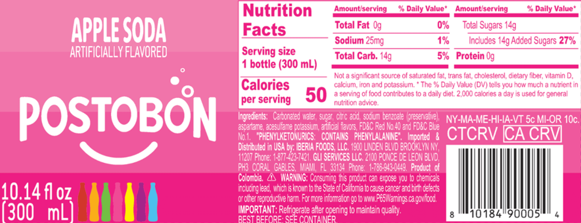 Postobon Manzana Apple Soda, 10.14 oz Bottle