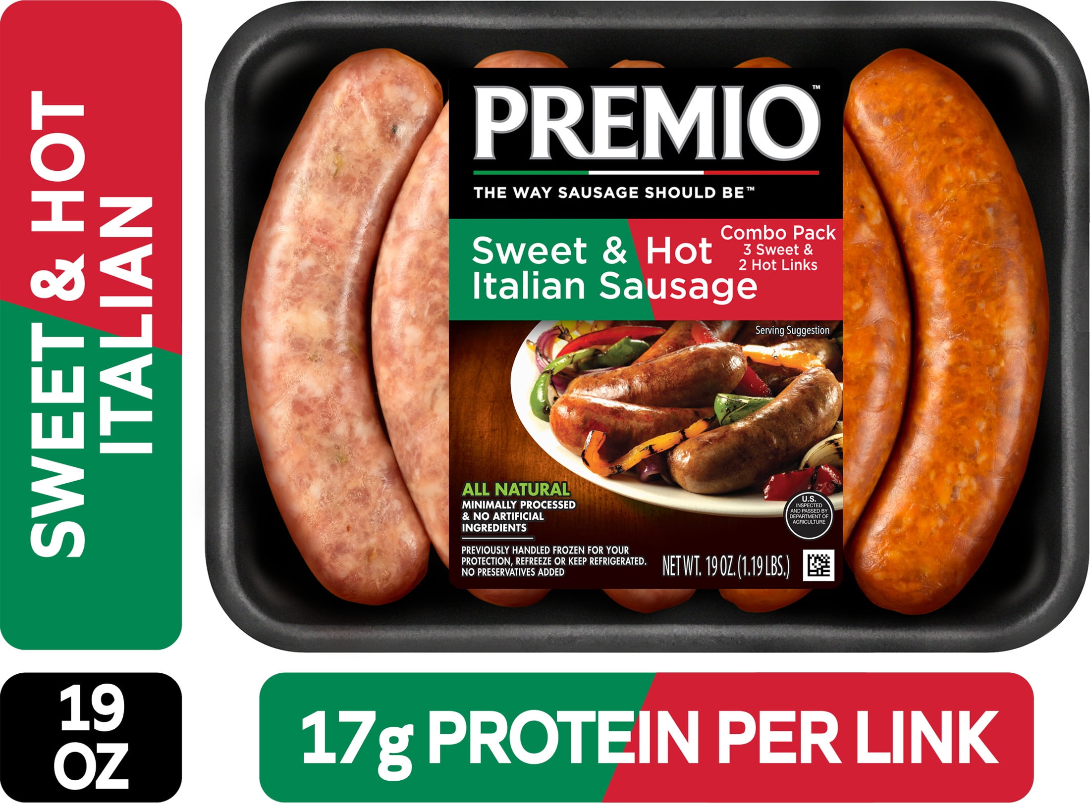 Premio Sweet & Hot Italian Pork Sausage Combo pack, 19 oz., 5 Count Refrigerated