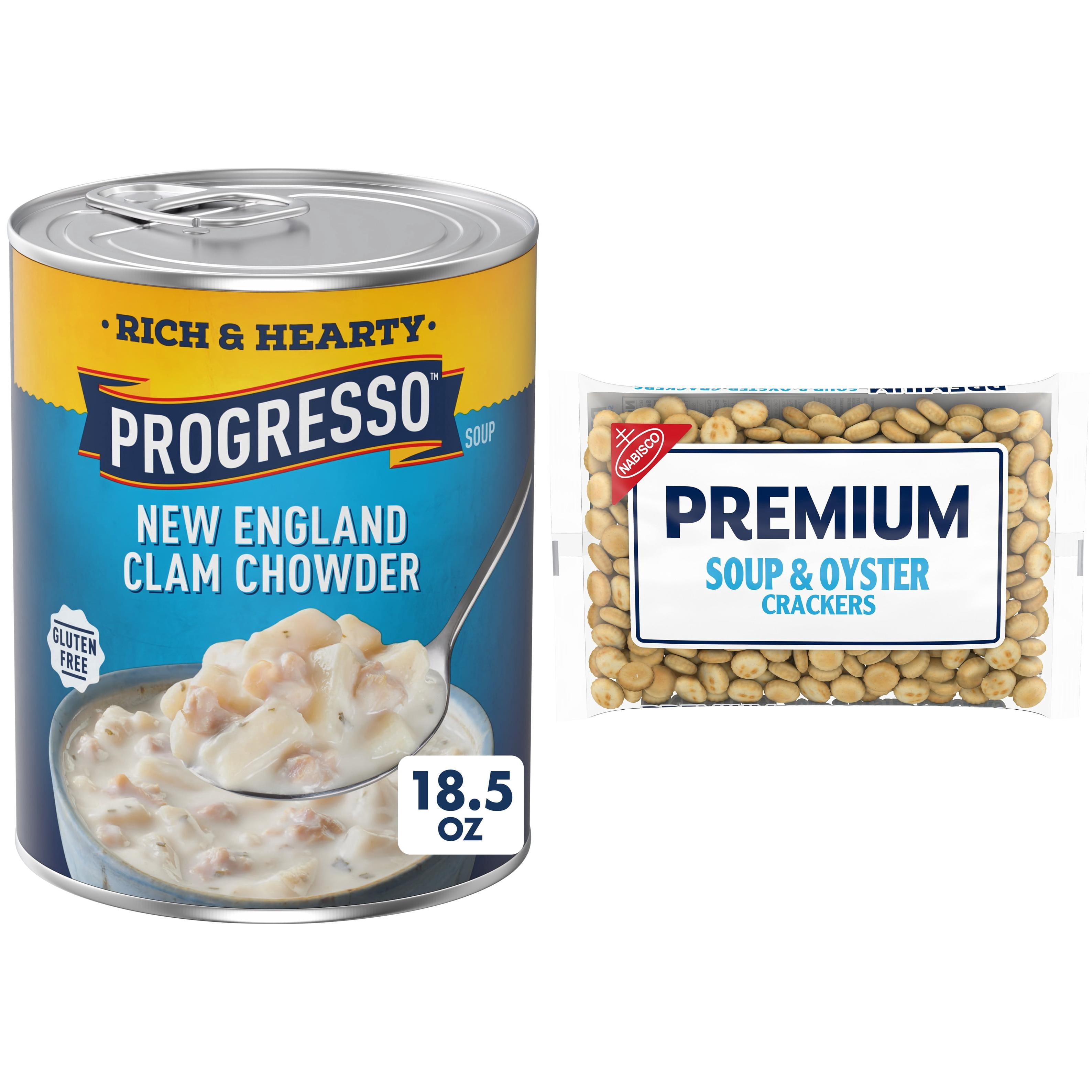 Progresso New England Clam Chowder Soup with Premium Oyster Crackers Bundle