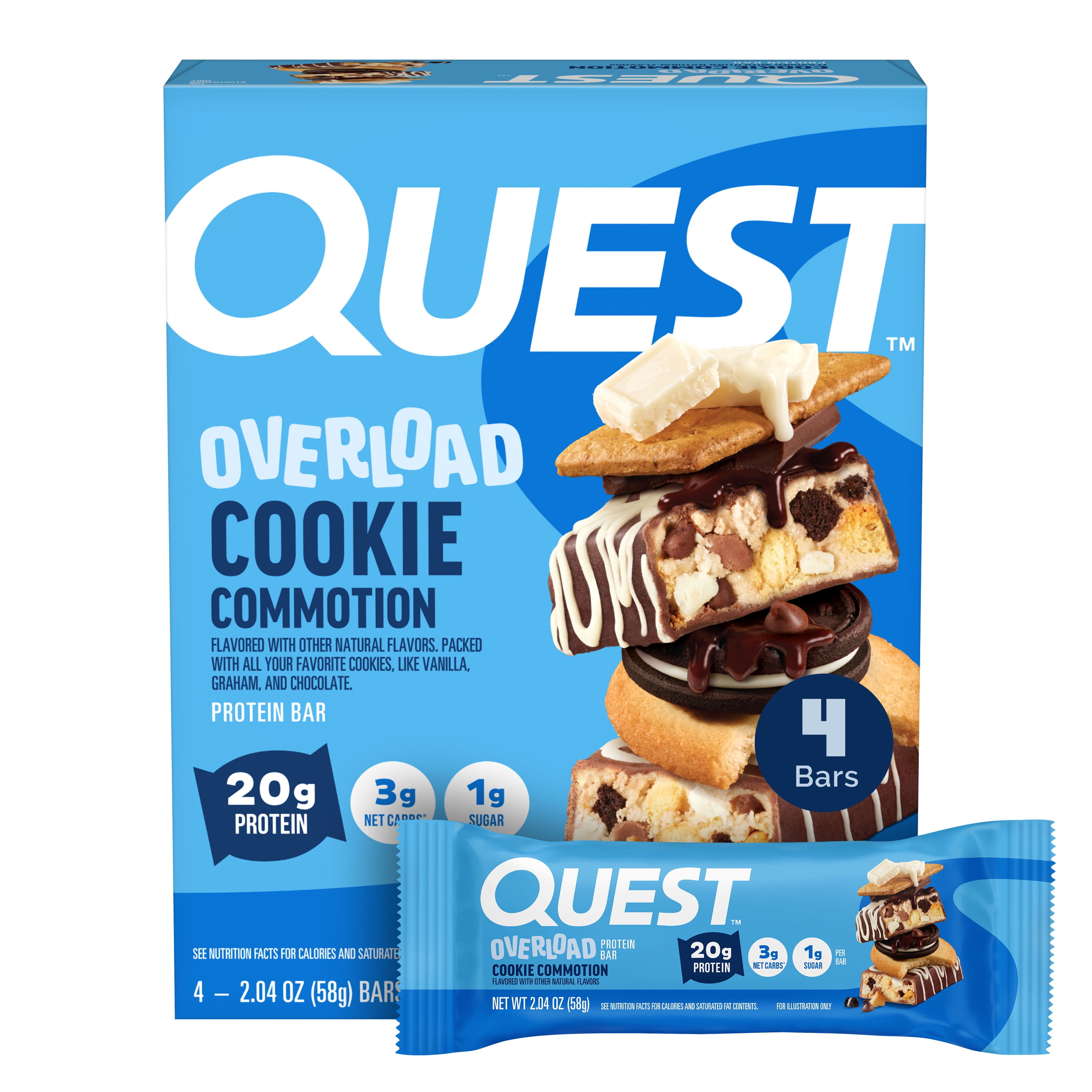 Quest Overload 20g Protein Bar, Cookie Commotion Flavor, High Protein, Gluten Free, 4 Count