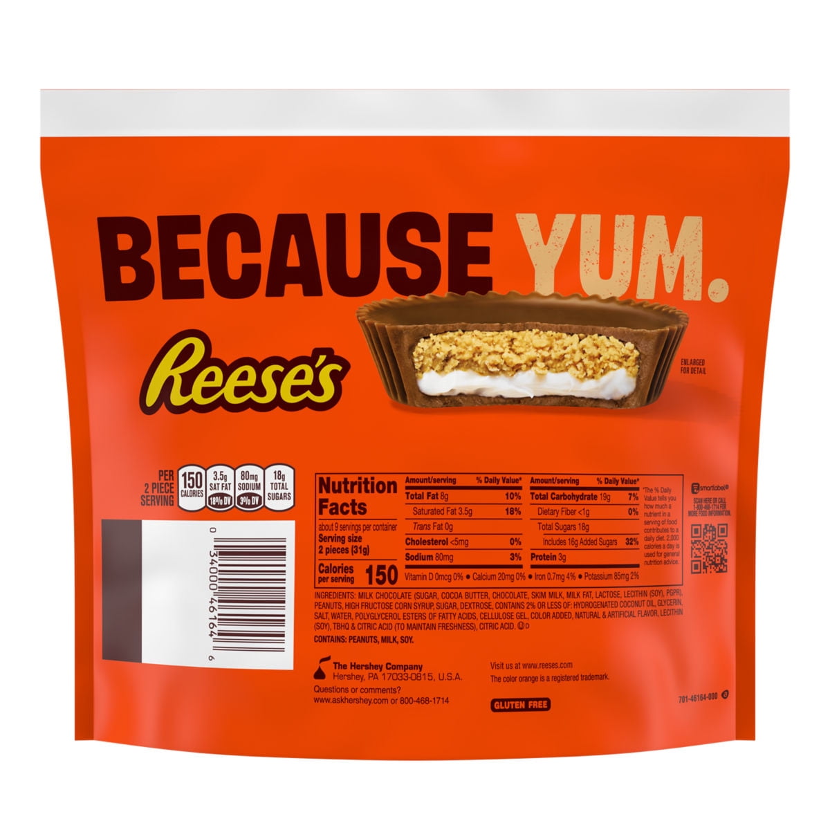 REESES MILK CHOCOLATE PEANUT BUTTER CUPS WITH A MARSHMALLOW FLAVORED LAYER SNACK SIZE BAR STAND UP BAG