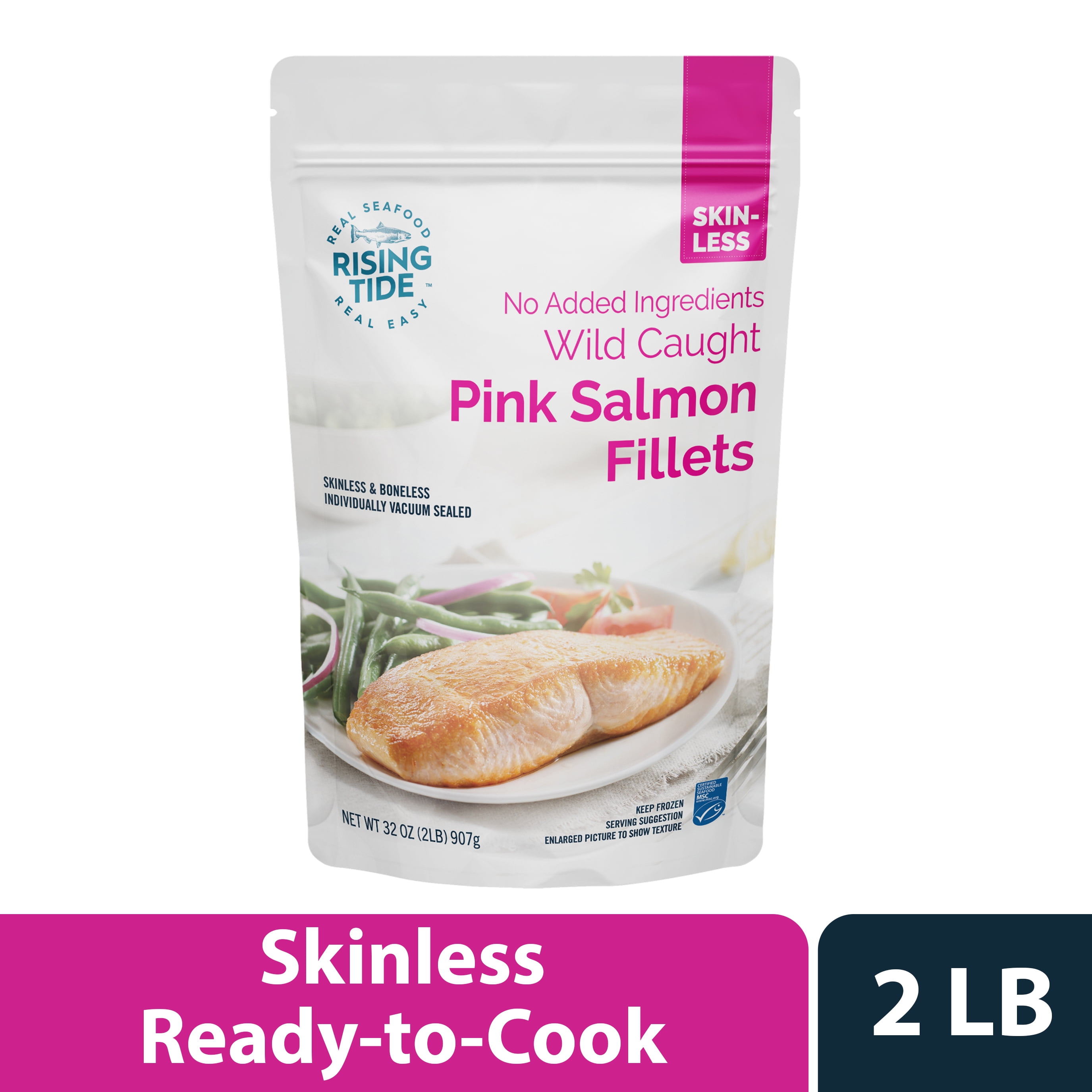 Rising Tide Wild Caught Pink Salmon Skinless Boneless Fillets MSC certified, 2 lb Bag, 5-8 Individually Vacuum packed Fillets per 32oz ( Frozen Fish)