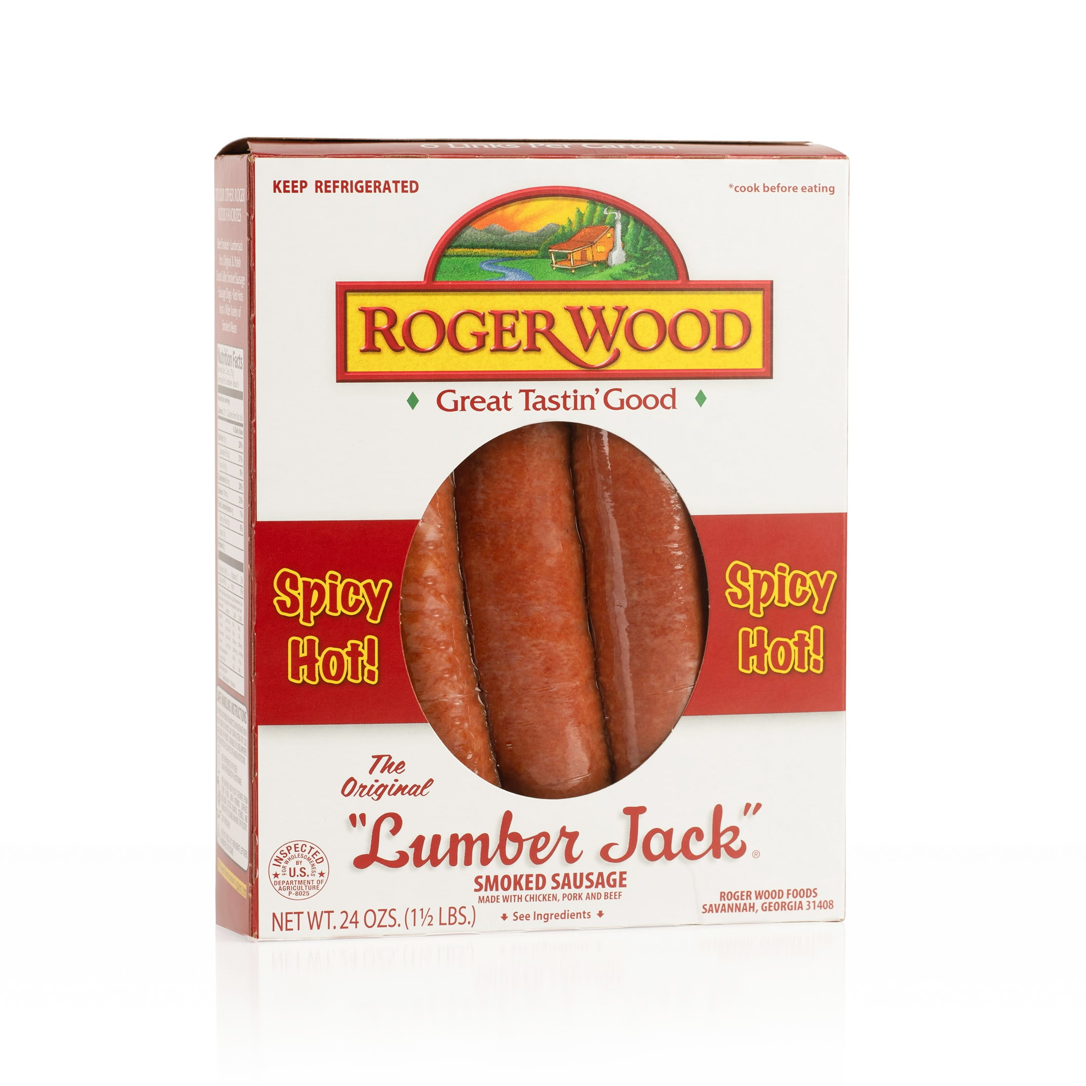 Roger Wood Spicy Hot Lumber Jack Smoked Sausage - Fully Cooked, Gluten-Free, 24 oz