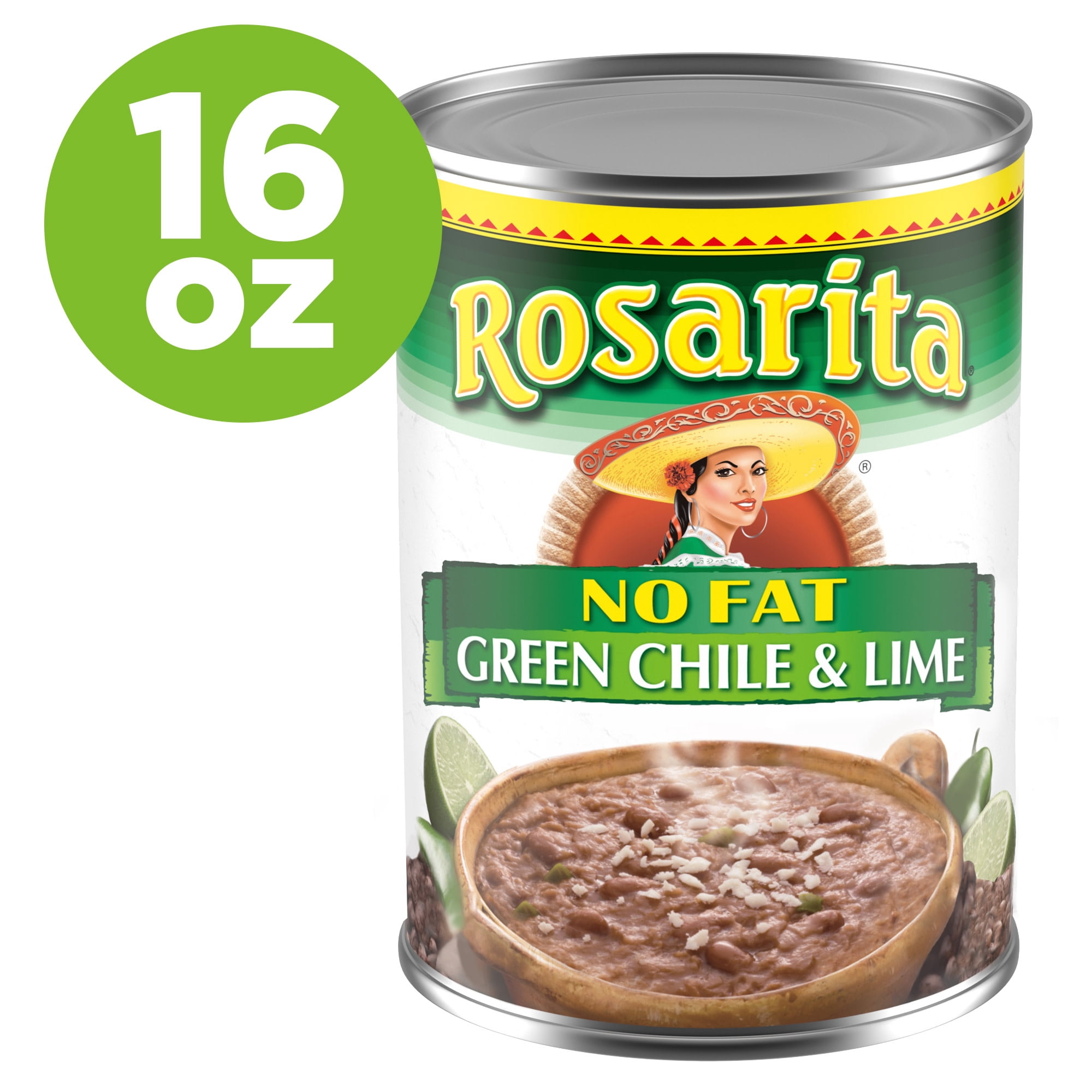 Rosarita No Fat Refried Beans with Green Chile and Lime, Canned Beans, 16 oz.