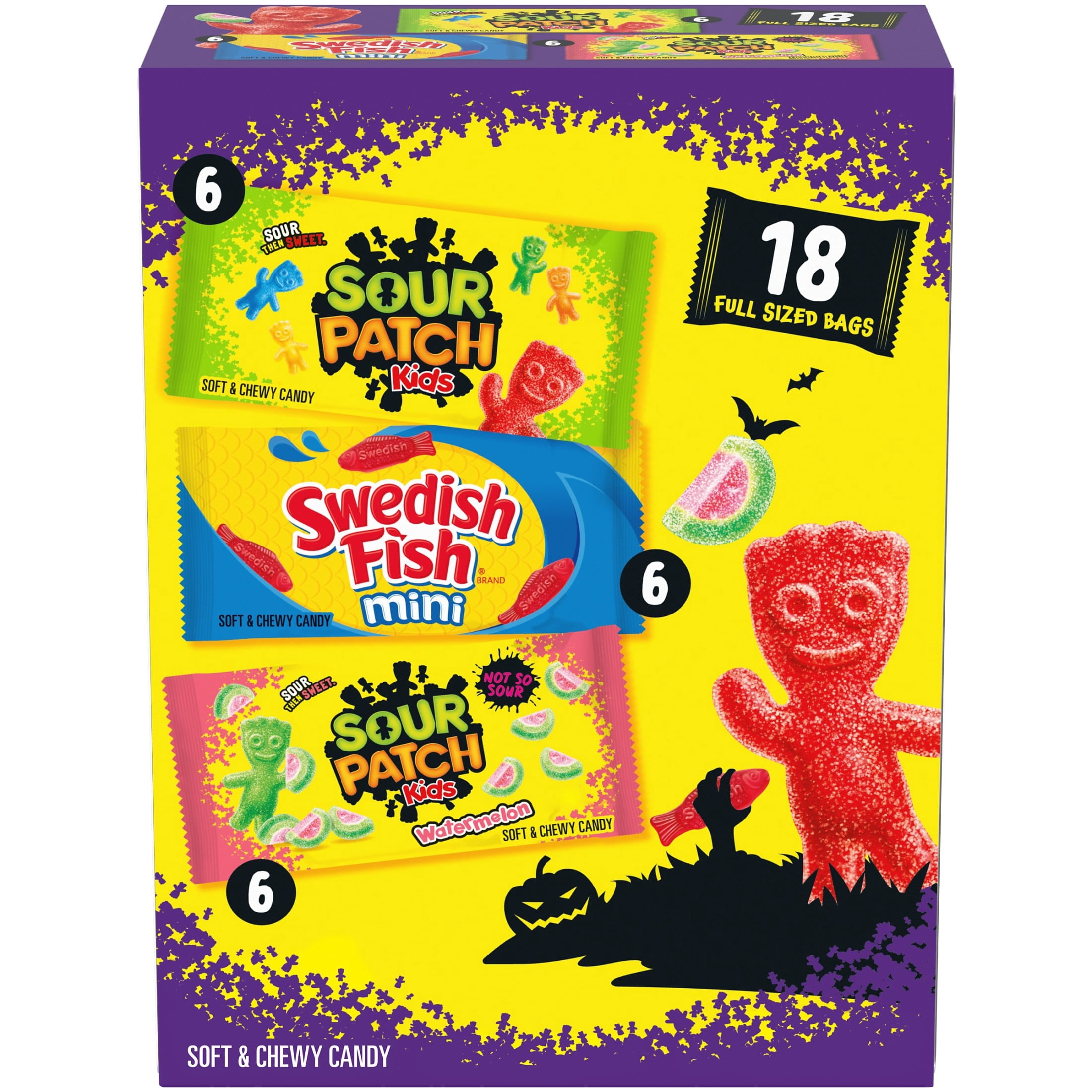 SOUR PATCH KIDS & SWEDISH FISH Mini Soft & Chewy Gummy Halloween Candy Variety Pack, 18 count