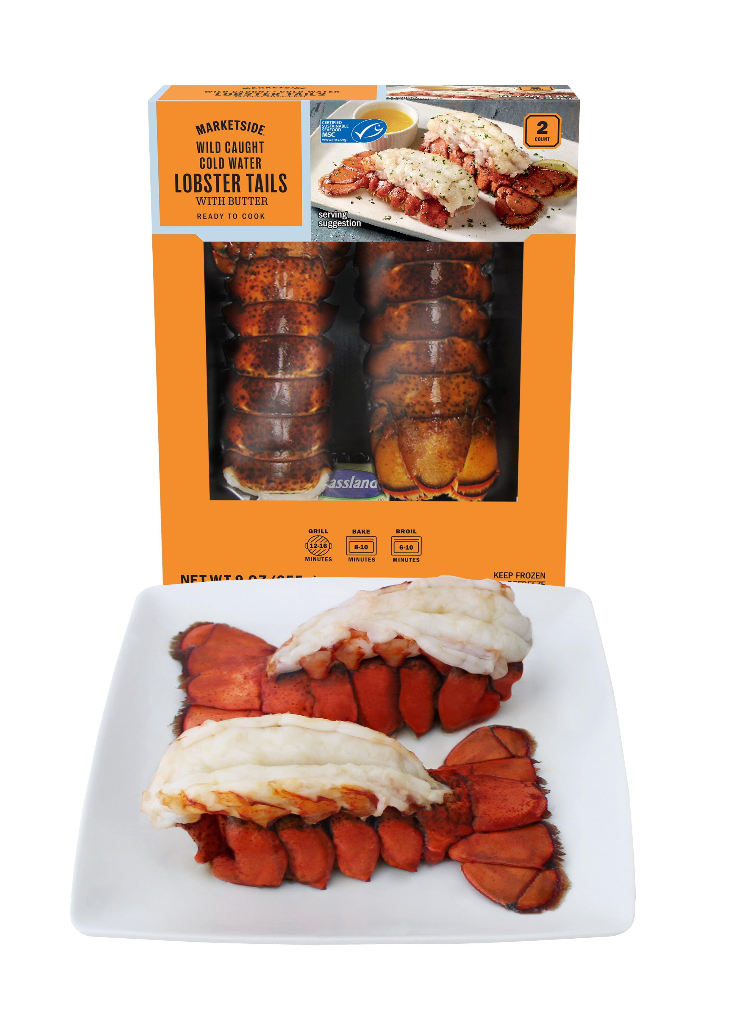Marketside Frozen Wild Caught Cold Water Lobster Tails with Butter, 9 oz Box Contains lobster, milk.