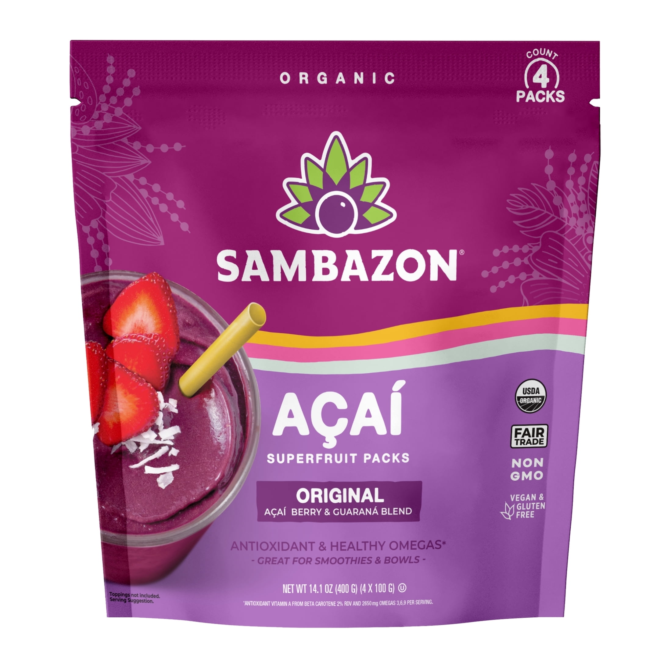Sambazon Organic Original Acai Superfruit Packs for Smoothies and Bowls, 4 Count, 14.1 oz