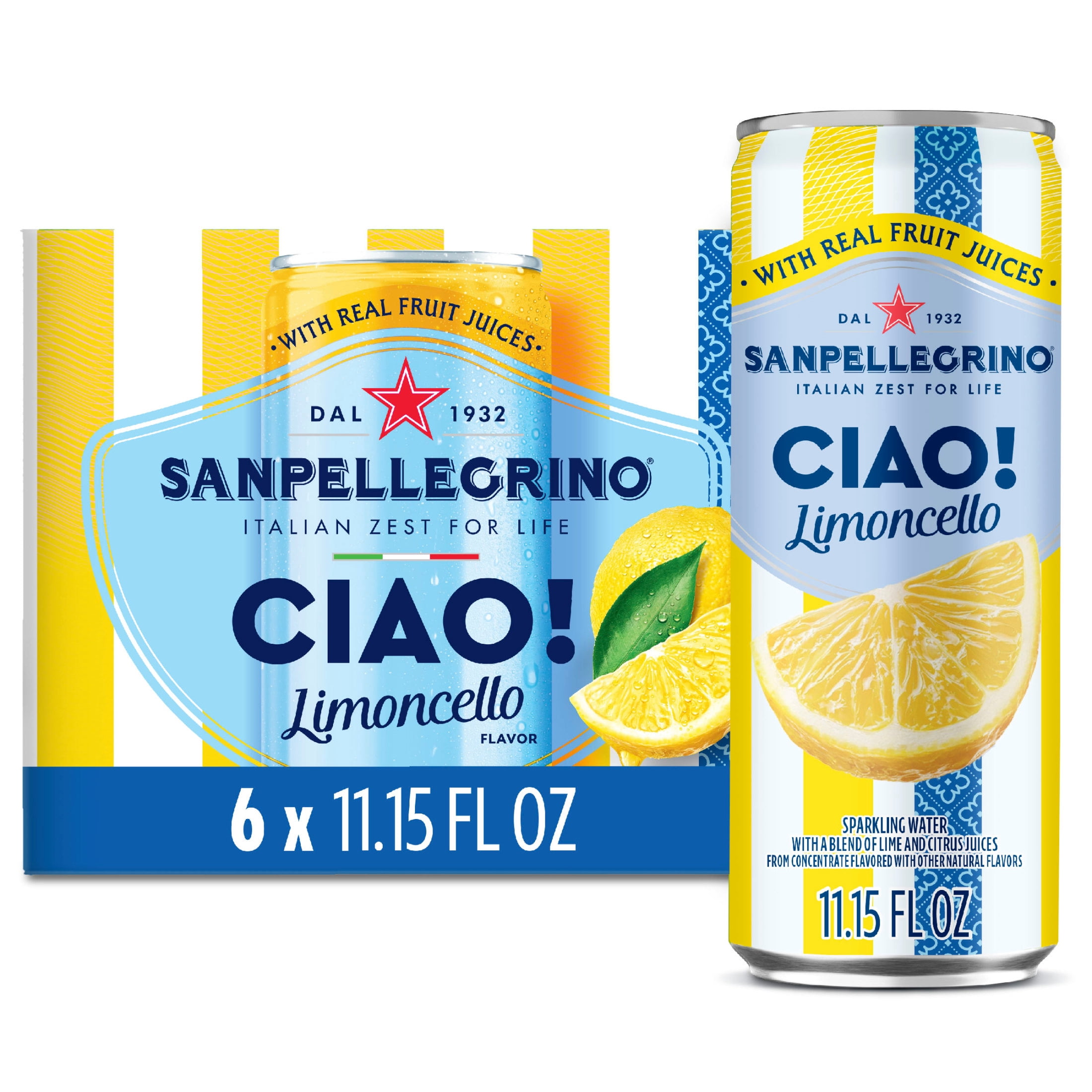 SanPellegrino Ciao! Flavored Sparkling Water, Limoncello, Real Fruit Juice, 6 Pack Cans