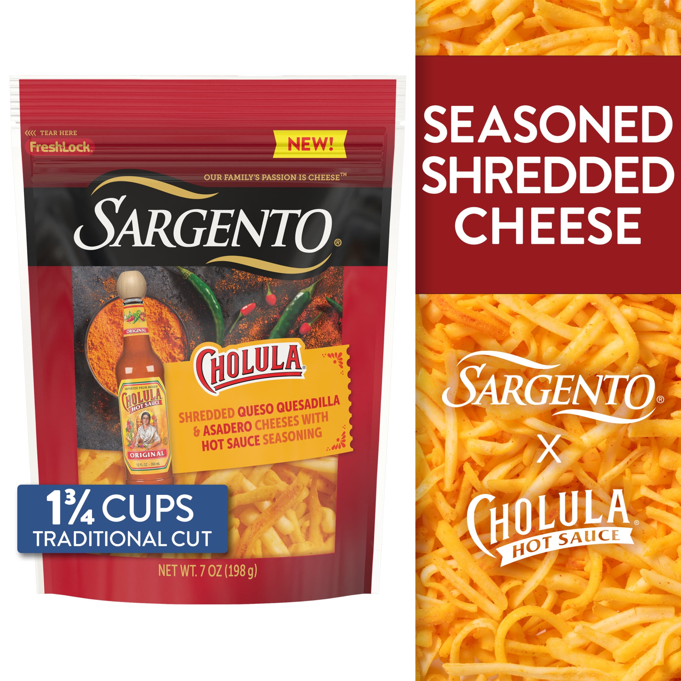 Sargento Cholula Refrigerated Natural Queso Quesadilla & Asadero Shredded Cheese with Hot Sauce Seasoning, Traditional Cut, 7 oz