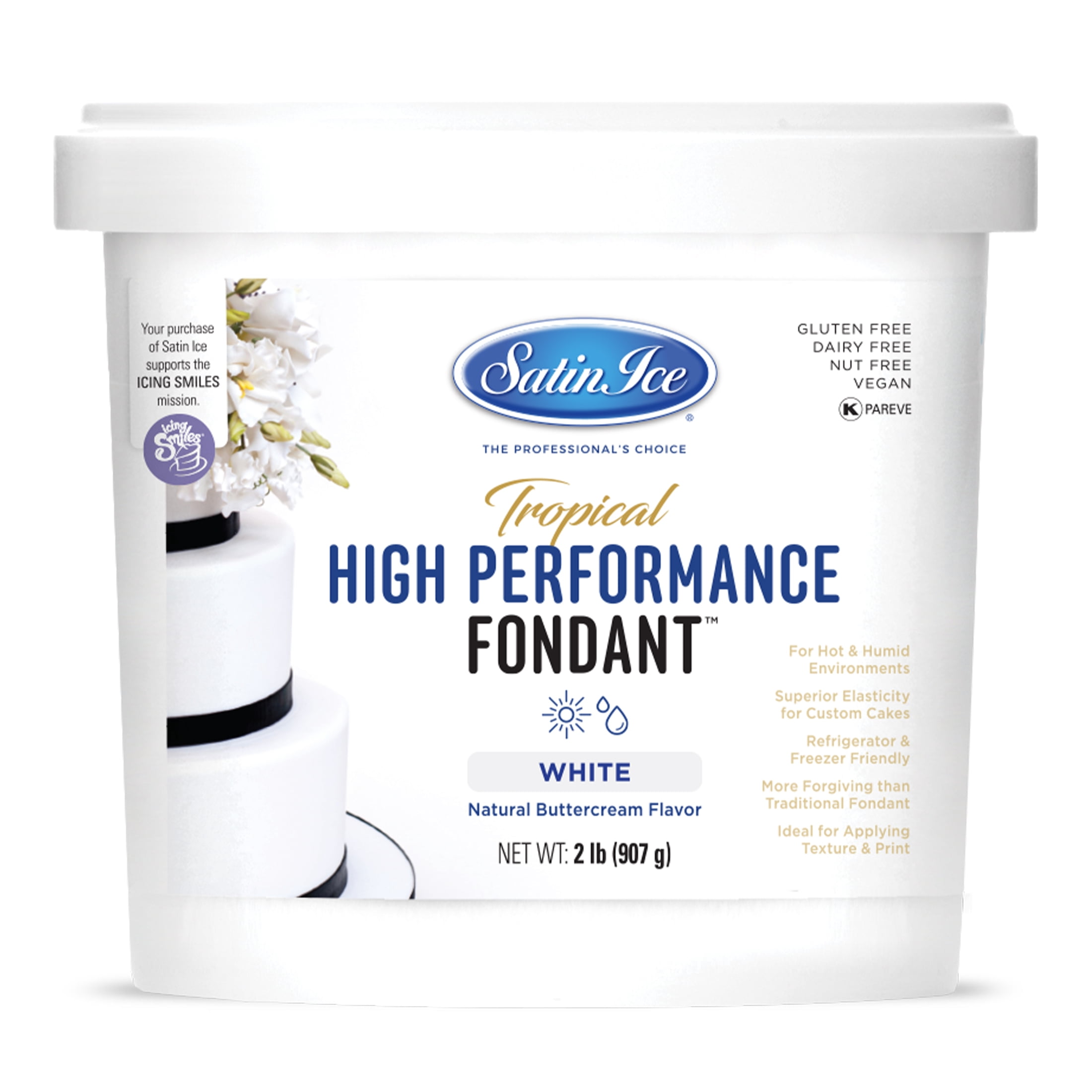 Satin Ice Tropical High Performance Fondant, White, 2 LBS, Allergen Free, Vegan