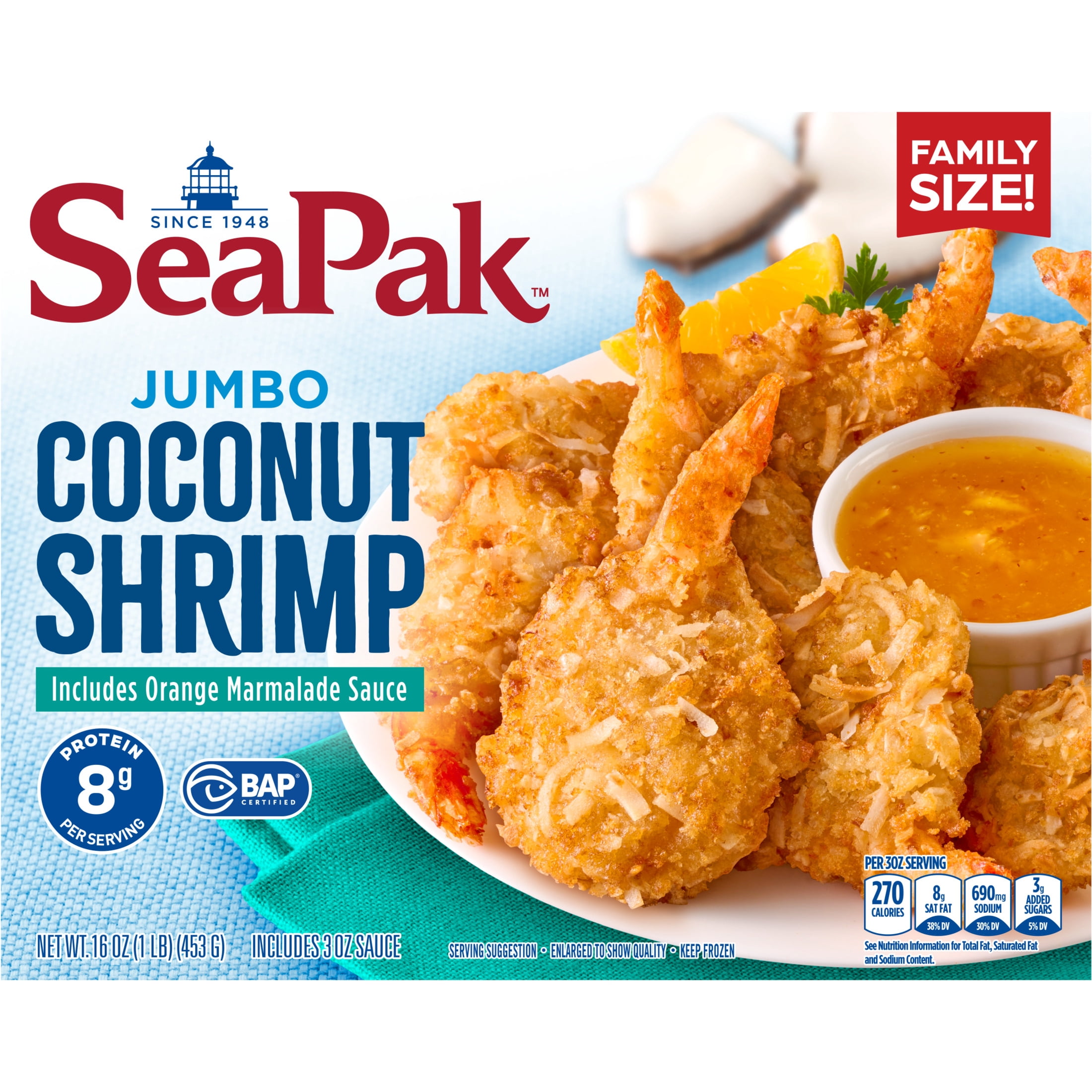 SeaPak Jumbo Coconut Shrimp with Orange Marmalade Sauce, 16 oz, BAP Certified (Frozen Seafood)