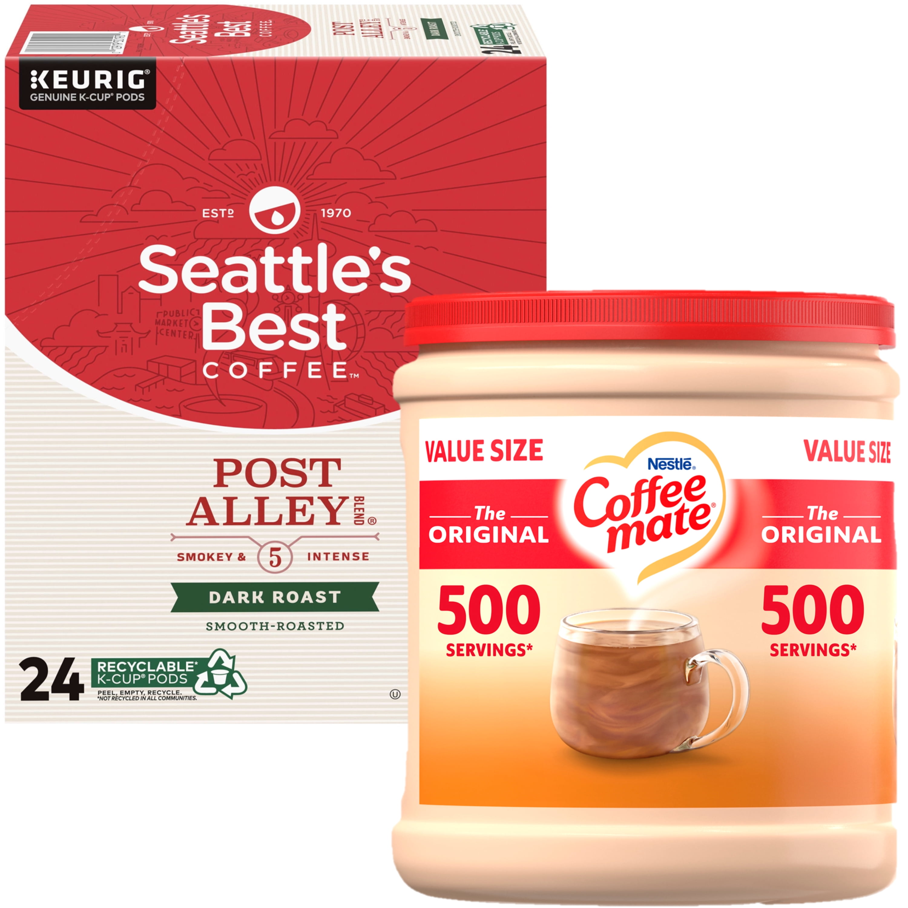 Seattle's Best Coffee, Post Alley Blend Dark Roast K-Cup Coffee Pods, 24 Count K Cups with Nestle Coffee Mate, The Original Powdered Coffee Creamer, 35.3 oz