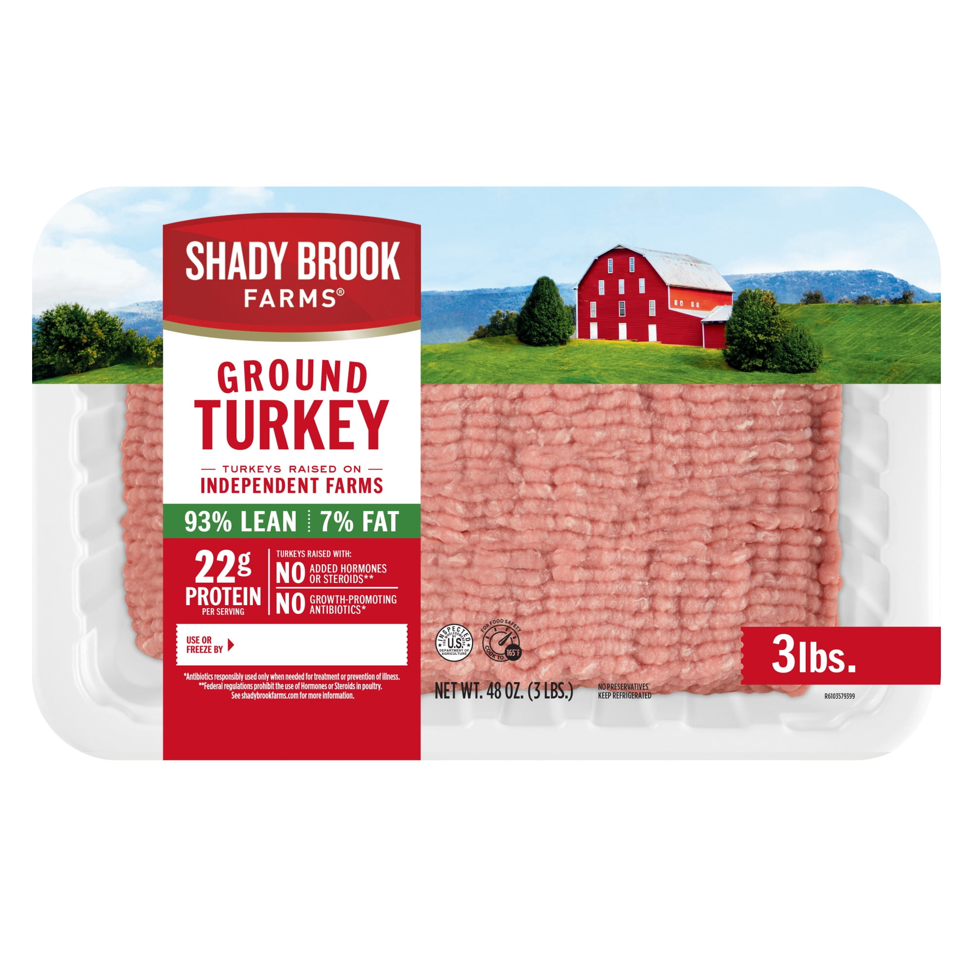 Shady Brook Farms Ground Turkey 93/7% Tray, 3 Pounds, 22 Grams of Protein
