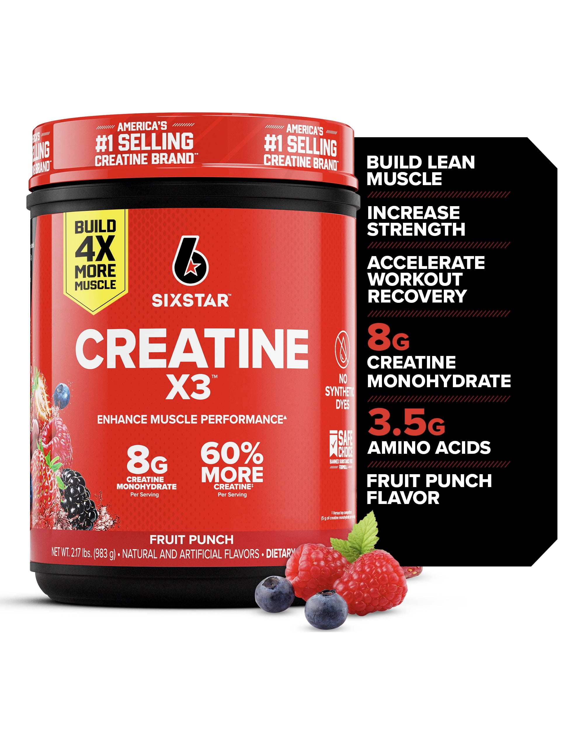 Six Star Pro Nutrition Creatine X3 BCAA Amino Acid Blend Powder, Fruit Punch, 2.17 lbs, 30 Servings