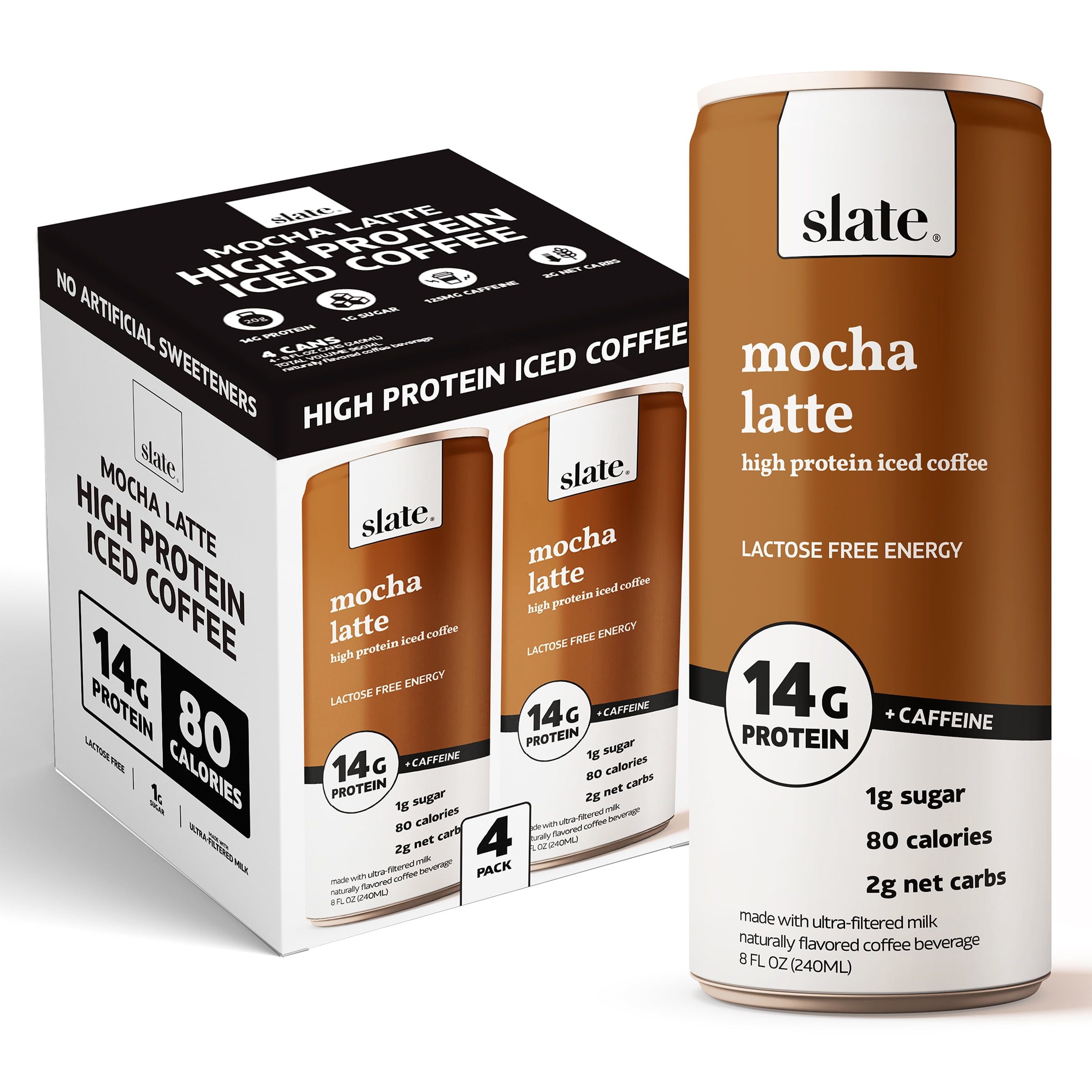 Slate Milk Mocha Latte, High Protein Iced Coffee, 14g Protein, 8 fl oz Can, 4 Pack, Ready to Drink