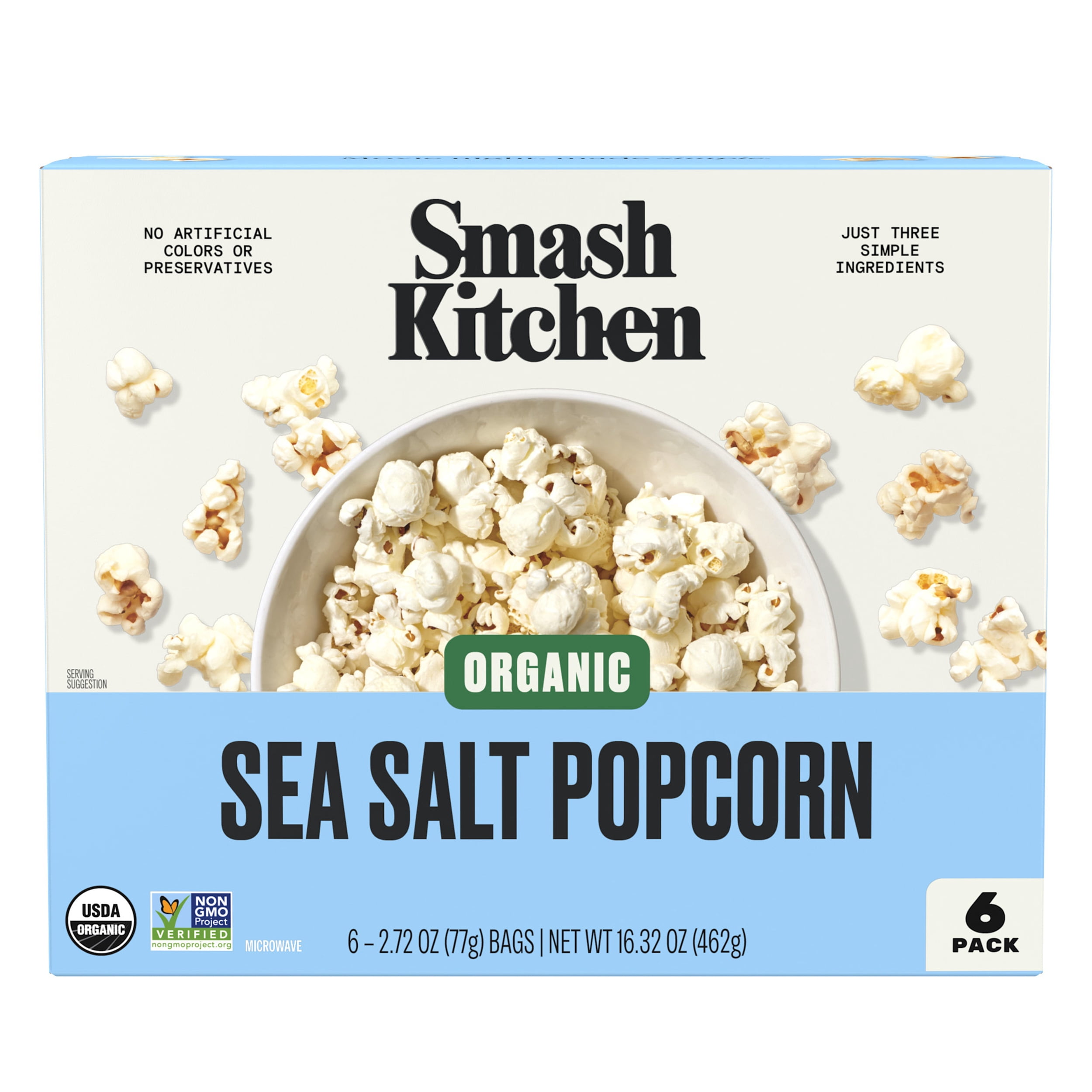 Smash Kitchen Organic Non-GMO Microwavable Naturally Flavored Sea Salt Popcorn, 6 pack