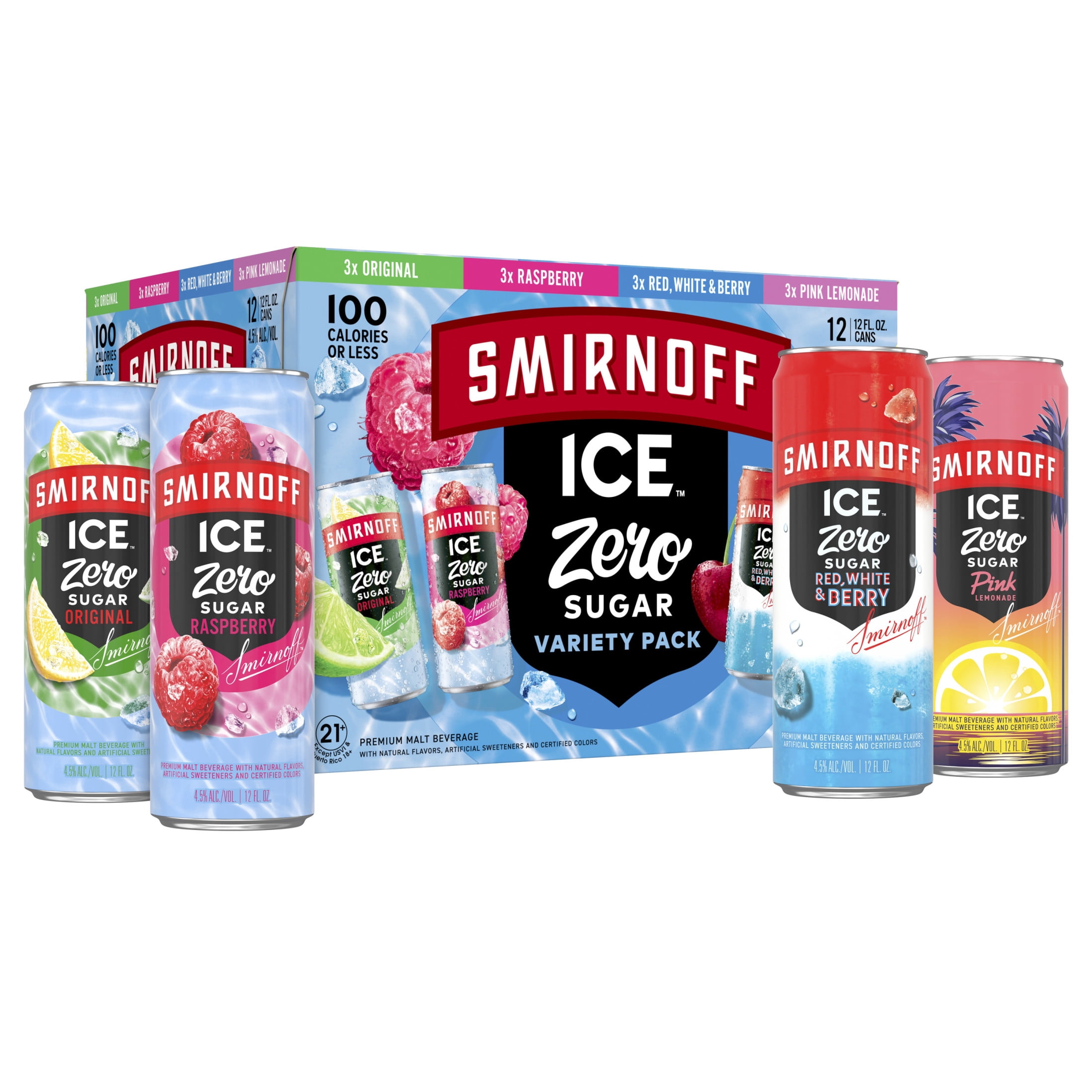 Smirnoff Ice Zero Sugar Variety, 12 Pack, 12 fl oz Cans, 4.5% ABV