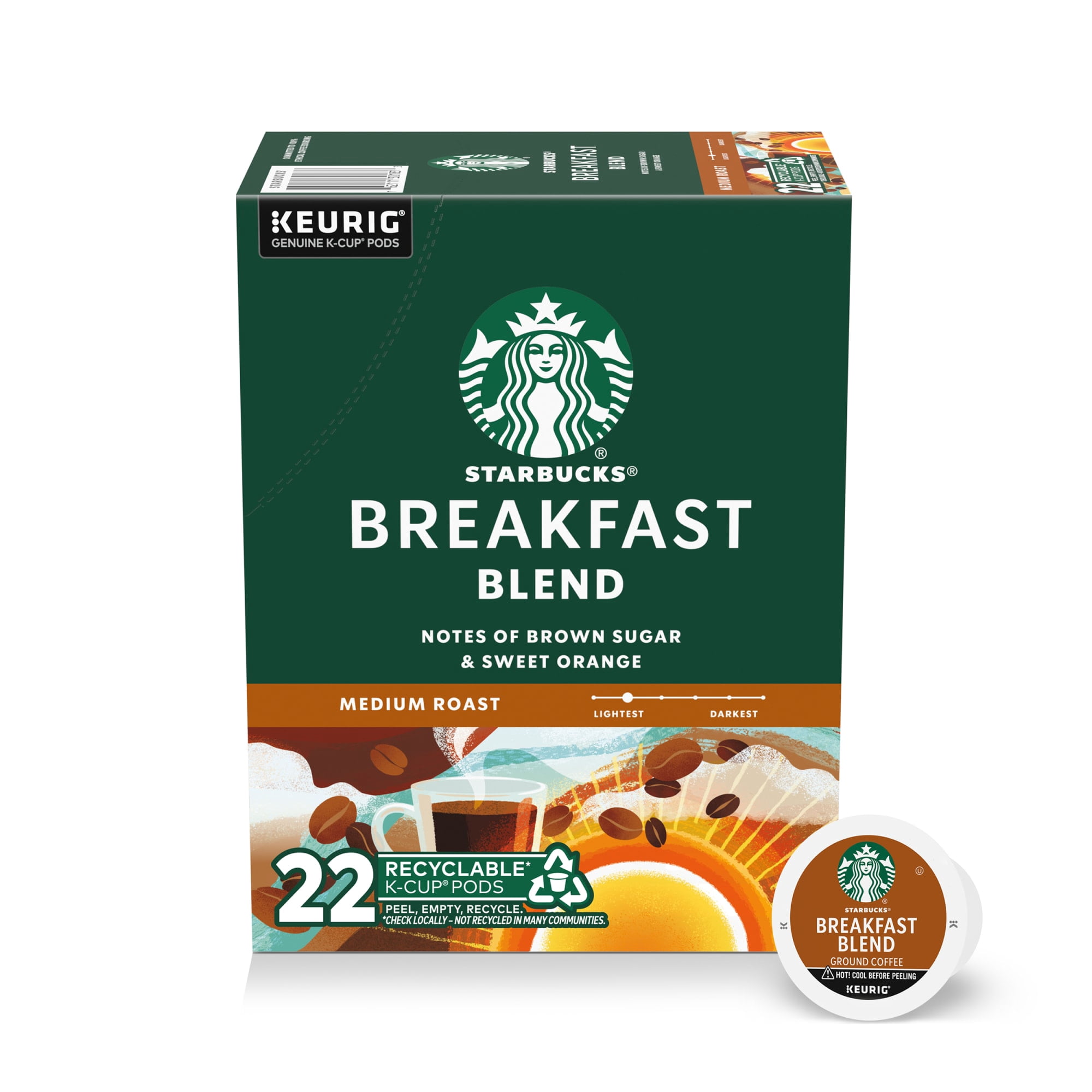 Starbucks Breakfast Blend, Hot or Iced Coffee, Medium Roast K-Cup Coffee Pods, 22 Count
